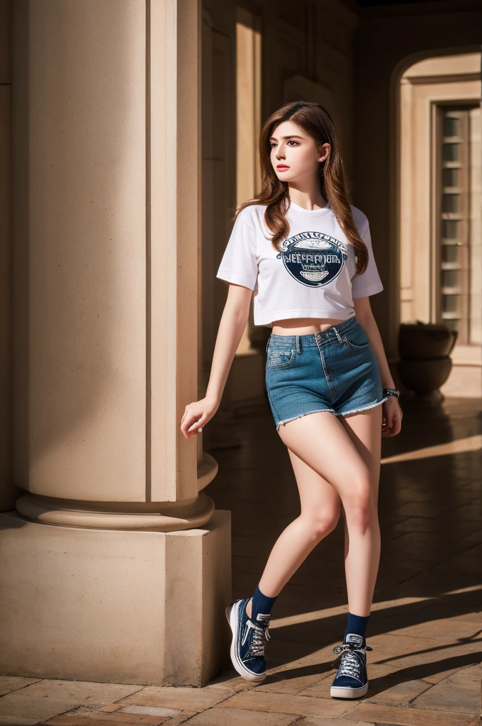 Highest quality, masterpiece, High resolution, 1 Girl,Tyndall effect,Realistic,,(High definition skin:1.2), 8K UHD, , Frank, High resolution, 4K, 8k,T-shirt,Full body photo.Real