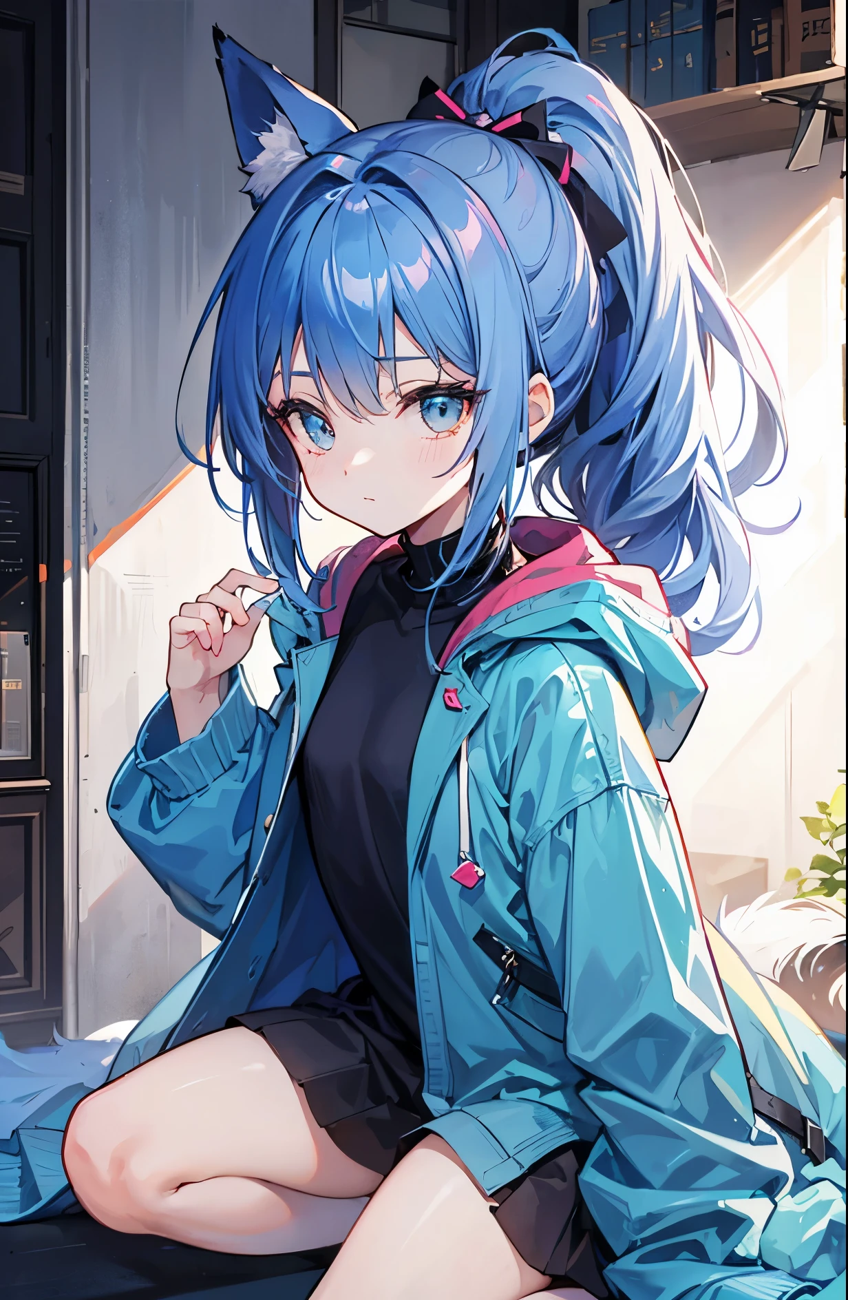 Dark blue fox-like high ponytail,Simple light blue cotton coat,Petite cute sweet lady girl