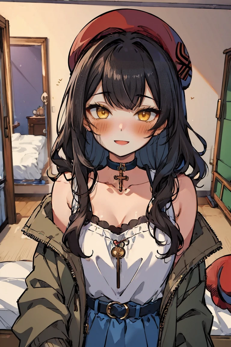 (masterpiece:1.2), (high quality:1.2), (hui xiyi:0.7), rekkyo sensen, rekkyou sensen, girls with((1girl, solo, black hair, yellow eyes, (wavy medium hair, right swept bangs, wearing a red millitary beret, one side up:1.55), blush, breasts, choker, cleavage, coat, cowboy shot, blue rose dress, navy dress, ribbon waist belt, collar, collarbone, rosary, rosary choker, cross, fur, khaki hoodie, green hoodie, hood down, hooded coat, hooded jacket, hoodie, jacket, large breasts, long hair, long sleeves, medium breasts, open clothes, open coat,open hoodie, sleeveless, winter clothes, zipper, cleavage, upper body, hand up, waving, palm)), background with((bedroom, room:2.0))