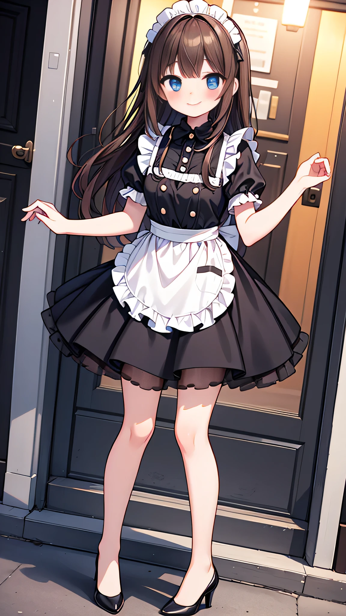 {Highest quality}, {Super beautiful},{Ultra fine},{Best illustration},Brown Hair,Hime cut,semi-long,Bangs,Standing Woman,Maid clothes,Short sleeve,Long black skirt,Night Park,Embarrassed,smilingly,Blushing,Slender women, A woman wearing plain black pumps,Bare feet and pumps,From an angle,From above