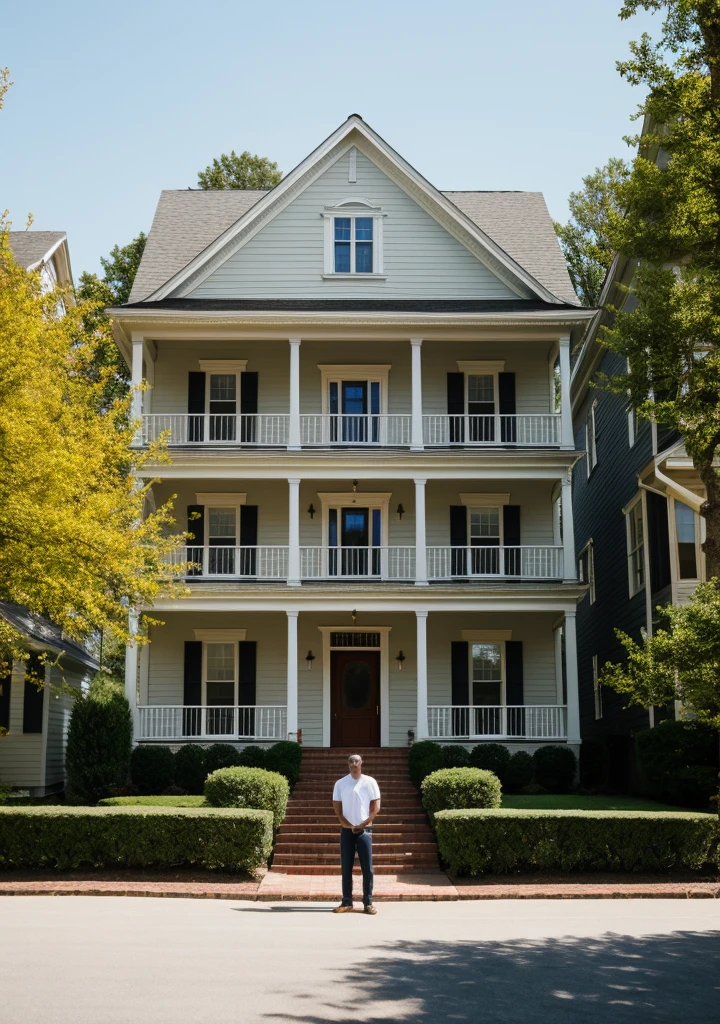 ((4K)), ((masterpiece)), (detailed), caryt man who stand next to the american house, the photo is made from neighbor side
