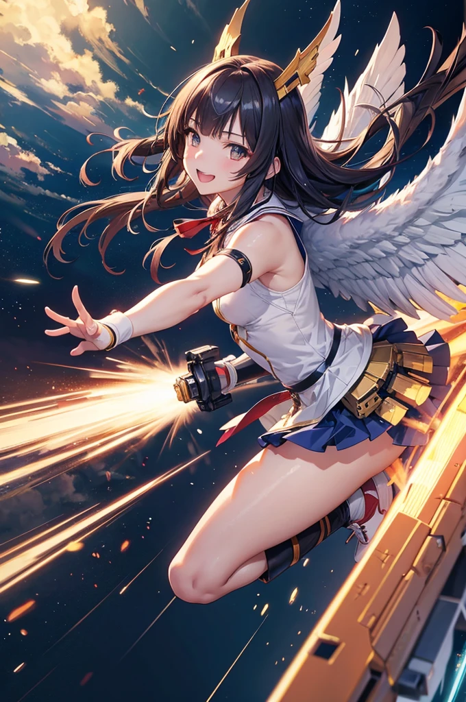 an anime girl, masterpiece, 4K,detailed, best quality, no bad anatomy and fingers, dynamic pose, Action Painting, a beautiful young cyborg girl, smile, taking off into the sky, blunt bangs, super detailed skin, FINAL FANTASY 12, Turn A Gundam, Brave Command Dagwon, make-up, mechanical wings, the city of Monaco, Ryu Fujisaki,