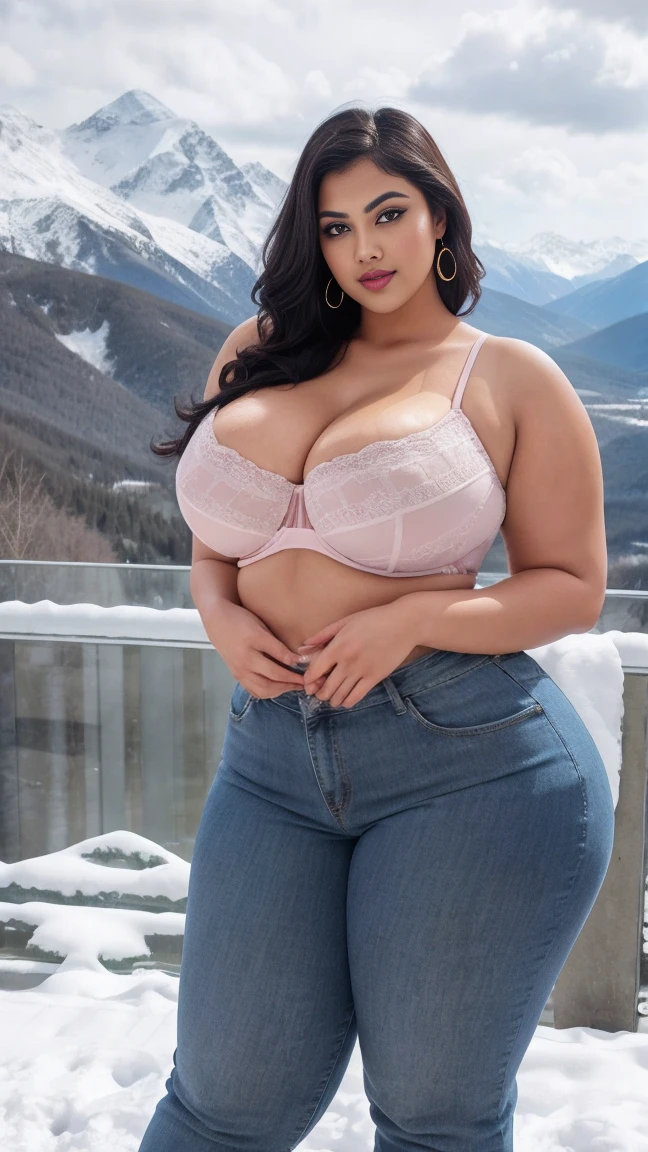 Madhubala Indian beautiful actress curvy plus size hour glass bulky huge figure woman, closeup camera view, big huge m-cup breast, wearing SHEIN VCAY Plus Size Women's Gradient Color Camisole Tank Top, covered Bust , elegant standing position, eye contact view, different style hairstyle, bright eyes, thin eyebrows, fair skin, blushing cheeks, prefect head to toe view, full body, ideal for high-fashion or editorial shoots, ultra realistic skin texture, head to toe view, full body shot, full body view, smile face, black hair, Indian face, perfect skin tone light, ultra realistic skin texture, bigger waist, busty, big hips, fleshy thighs, thick thighs, busty, full body view, Snowy Mountain Peak: Majestic snow-covered mountains.