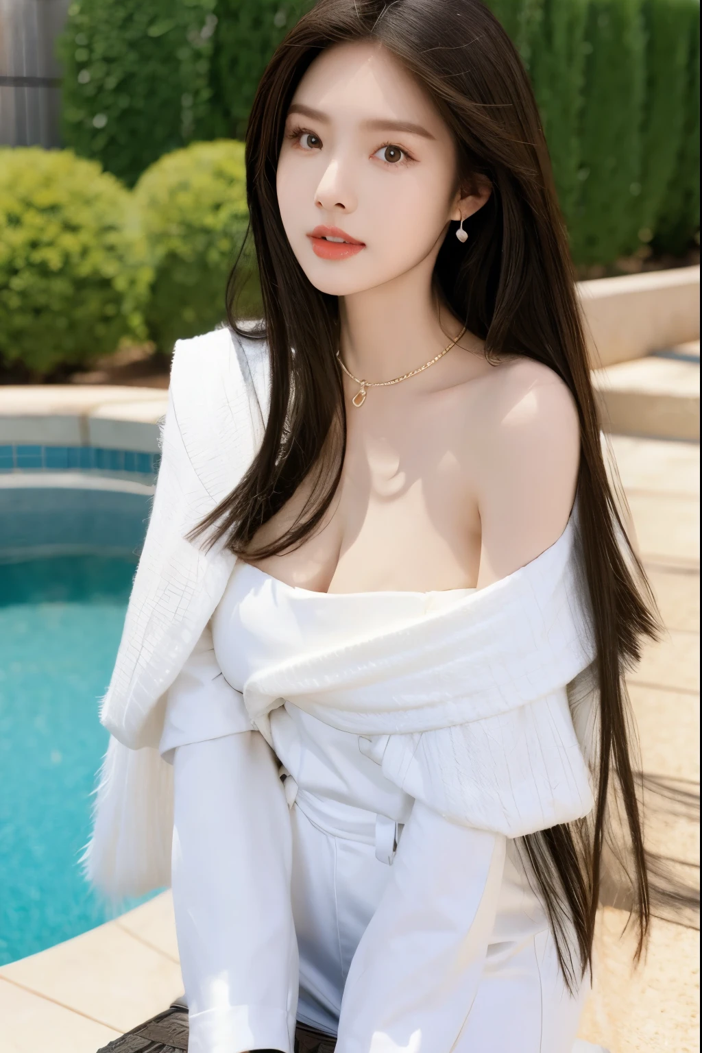 Beautiful woman with perfect body：1.4，Prominent cleavage，Layered Hairstyle，Highly detailed face and skin textures，Double eyelids，Skin Whitening，Long hair，Whitened long legs，（Lace，Collar），Standing by the pool