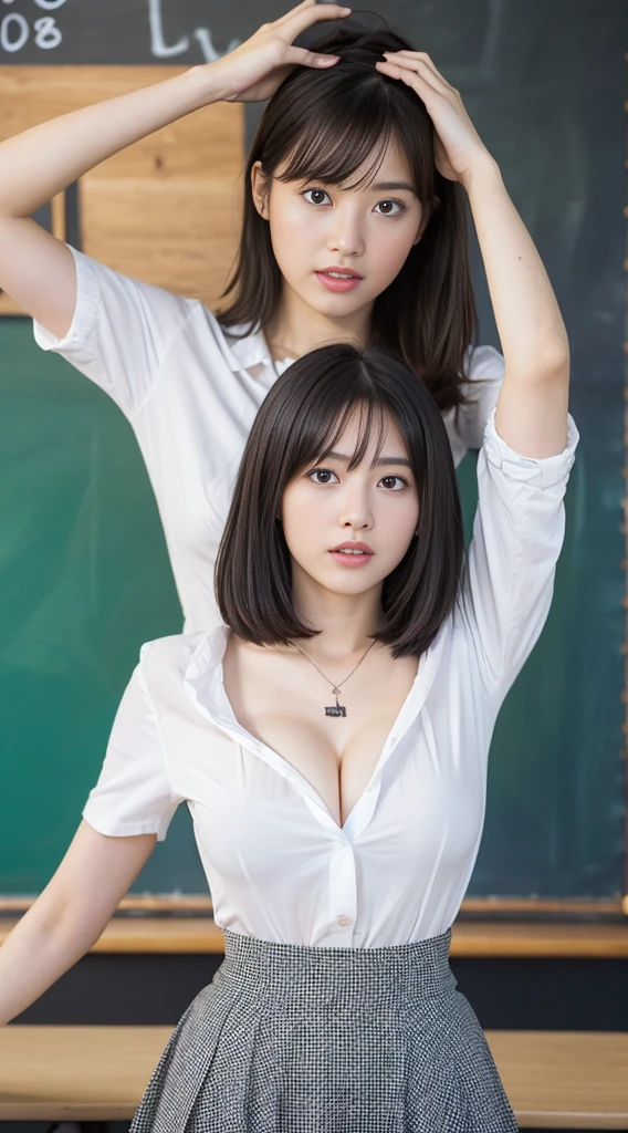 (Highly detailed CG Unity 8k wallpaper)、(masterpiece)、(Highest quality)、(Super detailed)、(Best illustrations)、(Best Shadow)、Ultra-high resolution、(Real、Photorealistic:1.2)、(student teacher:1.4)、messy short hair、(Large Breasts:1.4)、(A neat white shirt and a tight skirt:1.4)、((Stand in front of the blackboard:1.4))、(School classroom:1.4)、(Cute Necklace:1.2)、Puffy eyes、Close-up、Cloudy soft light、(Upper Body:1.4)