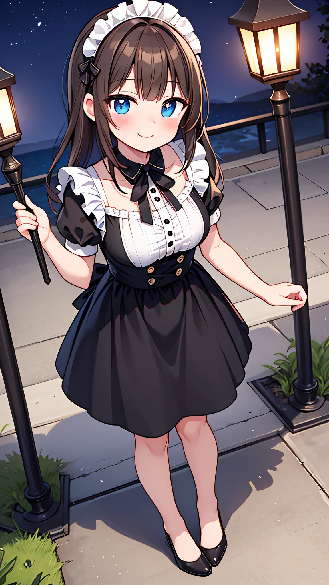 {Highest quality}, {Super beautiful},{Ultra fine},{Best illustration},Brown Hair,Hime cut,semi-long,Bangs,Standing Woman,Maid clothes,Short sleeve,Long black skirt,Night Park,Embarrassed,smilingly,Blushing,Slender women, A woman wearing plain black pumps,Bare feet and pumps,From an angle,From above
