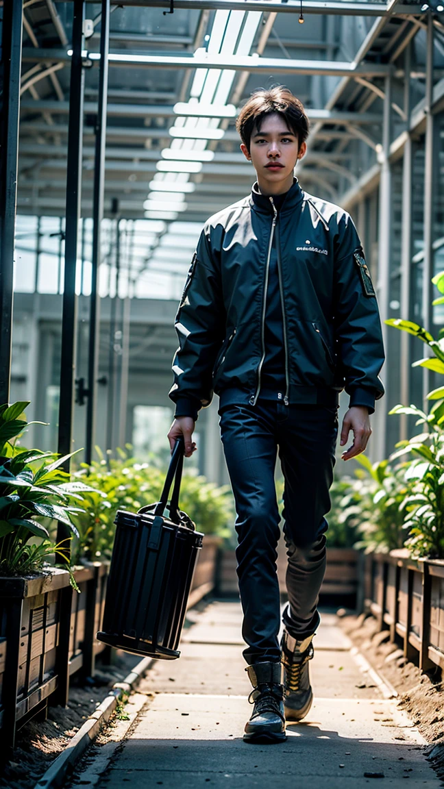 1 boy in the field（Farming hoe in hand），（Full body view），（Appear）, Jiha, , (Plant greenhouse background), (Luminescence:1.2), masterpiece, best quality, 32k UHD, Epic CG masterpiece, Human Development Report, Digital tunneling microscope, 3d rendering, Level lighting effects, Science fiction, Best fingers, Reality, Wide-angle lens, Wide-angle lens,Super Vision, Ultra wide angle, hoe farming