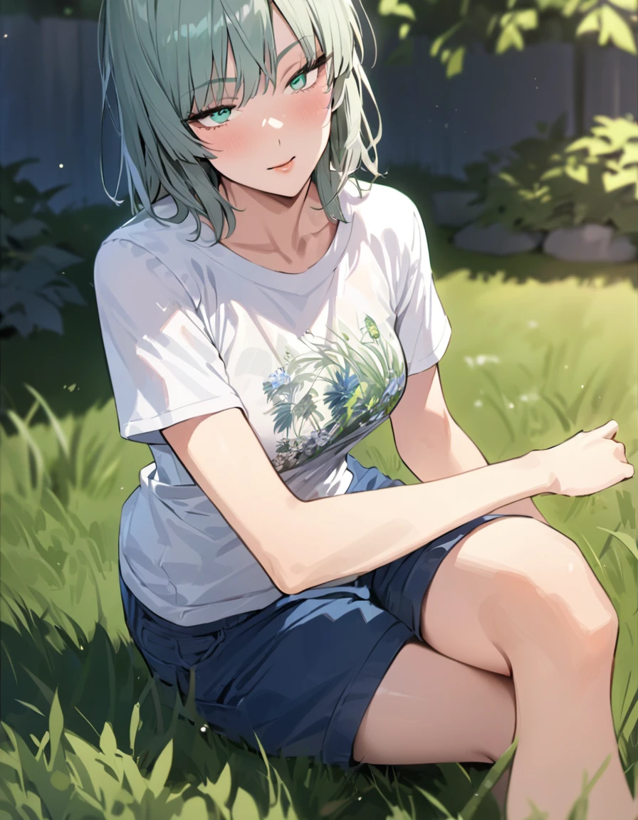 ( masterpiece ) , ( highly detailed ) , (beat quality) , ( perfect face ) , (fubuki) , green eyes , wearing white printed t-shirt and blue shorts , in garden sitting on grass
