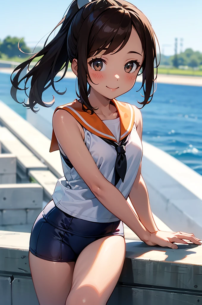 One Girl, alone, whole body, In-person audience, View your audience, smile, I401KC, Brown Hair, Short ponytail, White shirt, Sleeveless,One piece swimsuit, Bare arms, Sleeveless shirt, headgear, School Swimsuit, Sunburn, Sunburnlines, Wear a swimsuit under your clothes, Sailor shirt, Orange sailor collar