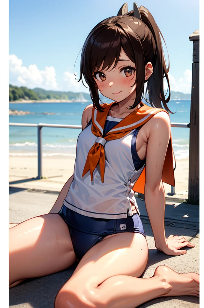 One Girl, alone, whole body, In-person audience, View your audience, smile, I401KC, Brown Hair, Short ponytail, White shirt, Sleeveless,One piece swimsuit, Bare arms, Sleeveless shirt, headgear, School Swimsuit, Sunburn, Sunburnlines, Wear a swimsuit under your clothes, Sailor shirt, Orange sailor collar