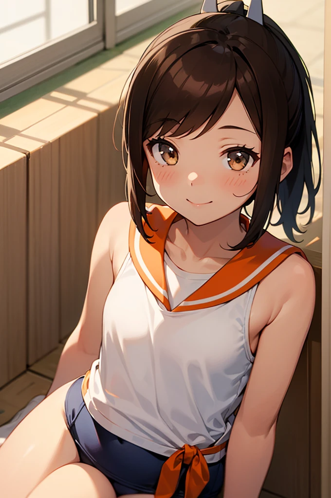 One Girl, alone, whole body, In-person audience, View your audience, smile, I401KC, Brown Hair, Short ponytail, White shirt, Sleeveless,One piece swimsuit, Bare arms, Sleeveless shirt, headgear, School Swimsuit, Sunburn, Sunburnlines, Wear a swimsuit under your clothes, Sailor shirt, Orange sailor collar