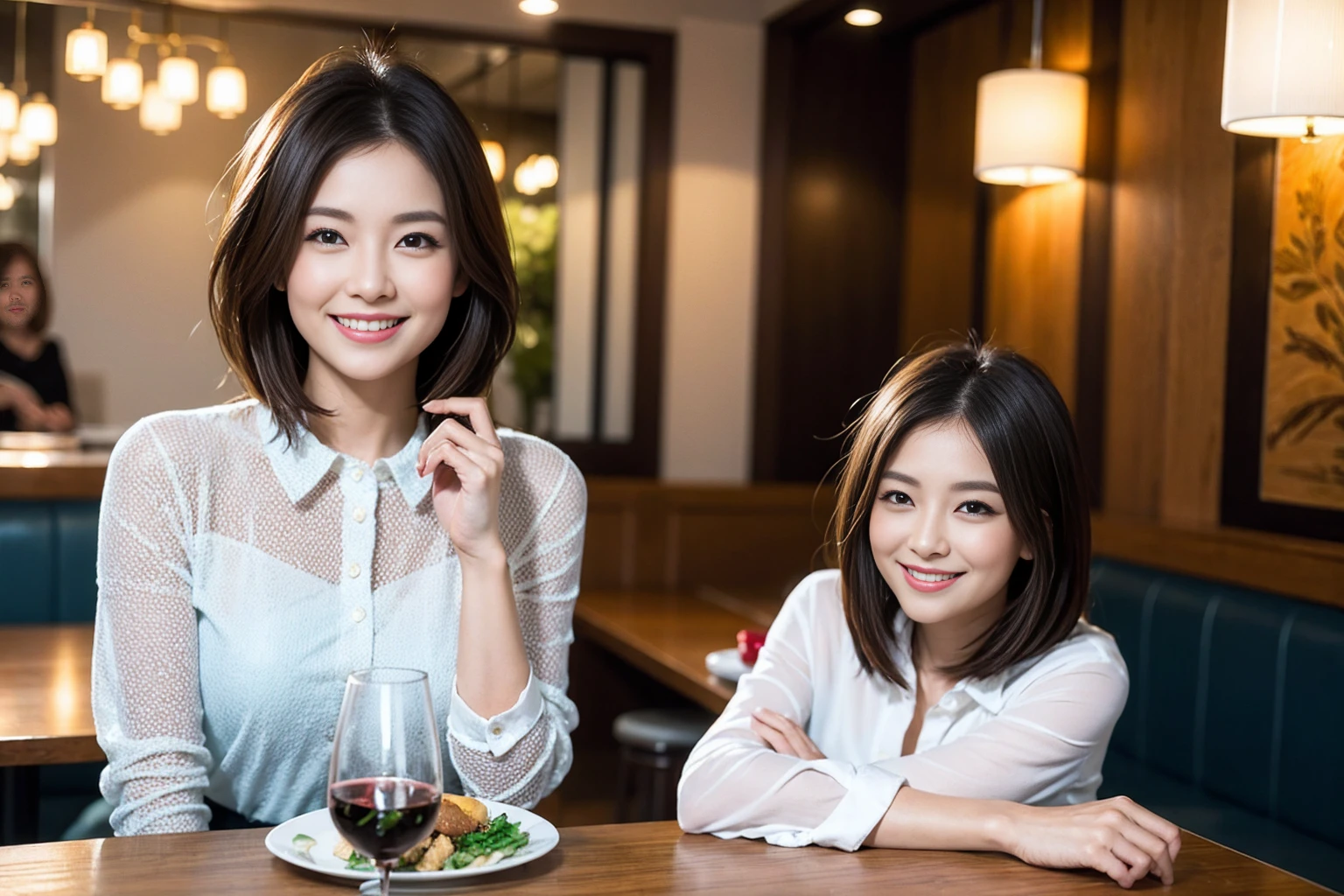 ((Highest quality、8k、masterpiece:1.3))、Shortcuts、cute、slimカップル、modelカップル、actress男優、(Realistic, Intricate details:1.2), full-course dinner、Wine Party、Amazing view of the sunset sky and clouds、A bright smile、short hair,Bright Face、 (Age 45), 42 years old, red wine 、Appetizers、Italian food、Wine bottle、Champagne、sparkling wine、Two beauties、Brown Hair、Shortcuts、Long sleeve shirt、dress、Beautiful woman 1, (slimな顔), (The body is slim), (Brown Hair), (Shortcuts), cheeks turn a little red,Attractive beauty、restaurant, In a prominent place (From the waist up) Nova Frog Style, actress, model, Upper Body, White wine, slim, wine glass, 中央に置かれたwine glass, smile, (smile: 1.15), Beautiful fine grain, Depth f/2,saturation, High Contrast, Strong light and shadow,Moist Body:1.5、3D texture、Delicate eyes、Brown Hair、The hair is very shiny、