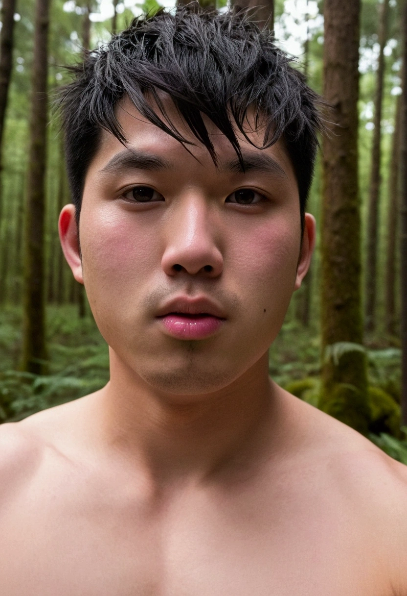 White-skinned Japanese boy selfie, straight nose, dark brown eyes, short black hair with shaved sides, very fat build, square jaw and very hairy body. He stands in a forest naked with an expression biting his lip, while his male virile member is erect, Thick, with pink glans and curved trunk 