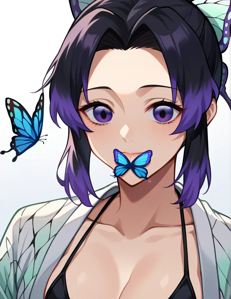 score_9, score_8_up, score_7_up, source_anime,
ShinobuKochou, Shinobu Kochou, animal print, black hair, butterfly, butterfly hair ornament, butterfly print, forehead, gradient hair, hair ornament, haori, multicolored hair, parted bangs, purple hair, short hair, two-tone hair,Micro Bikini, whole body, Suspicious Smile, Squint your eyes, Close your mouth