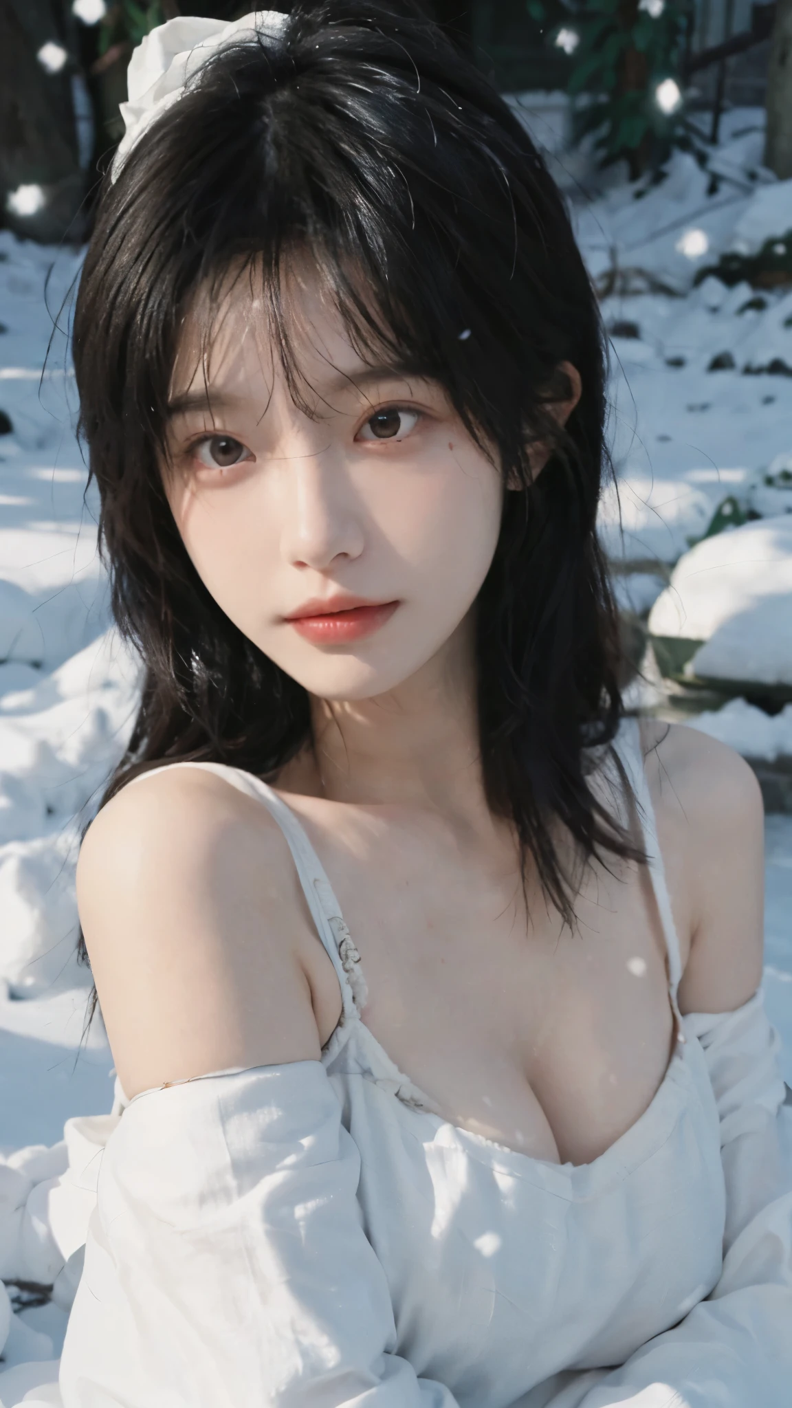 Portrait photography，1 girl，Off Shoulder，Snow Scene，Snowing background，Off Shoulder蝴蝶印花连衣裙女夏季性感辣妹收腰修身包臀裙子，Flowers，White，whole body：1.4，Lipstick，(Big Breasts:1.6)，Headband，serene，calm，(Realistic and detailed eyes，Natural skin texture，Realistic facial details)，