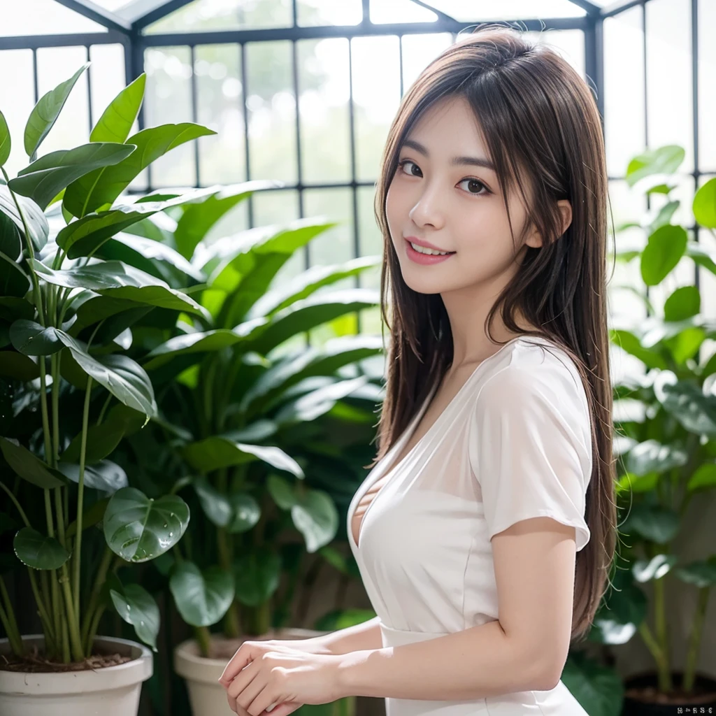 ((Mature woman standng in a green house)),((see through white dress:1.2)). 40k, Photography, masutepiece, Best Quality, dark grey background, ((Mature Women, waifu, mami, A MILF)), ((voluptuous breasts)), Perfect face, perfect , ((Two_girl with brown eyes and gorgeous bright black hair)). a Pretty Japanese woman,wet hair look, completely soft chest and white skin,, ((Very soft breasts)). Ultra-detailed face, Detailed eyes, looking into camera, embarrassed, Smile, closed mouth, closed lips, no teeth, nightime, smooth light on face, side view, upper body