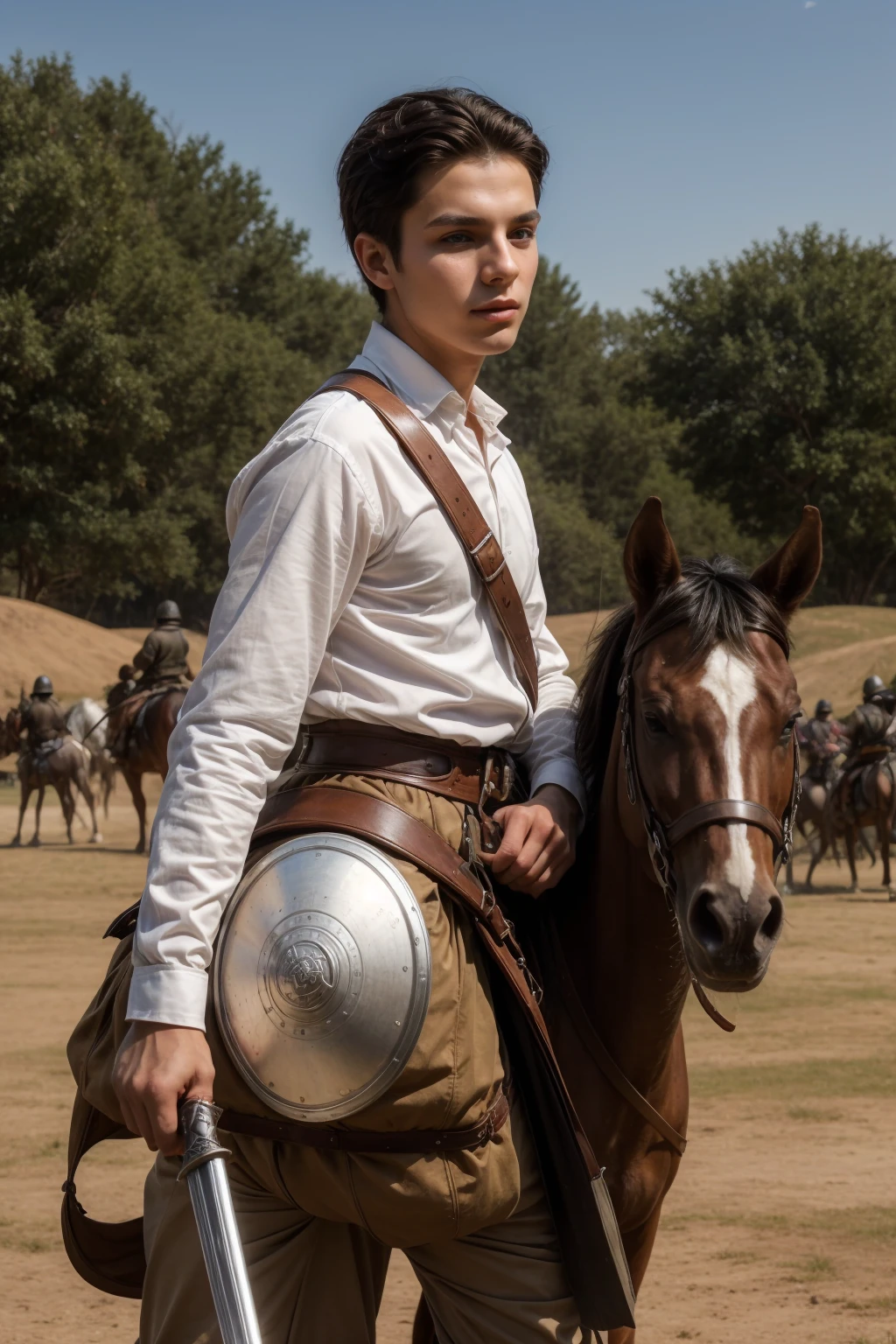 A cute twink male with a make-up face and black hair. He is wearing a long-sleeved white shirt and brown pants. He is riding a horse. He is on the battlefield fighting against the army. He has a sword and shield in his hand, and behind him is a large assembled army.