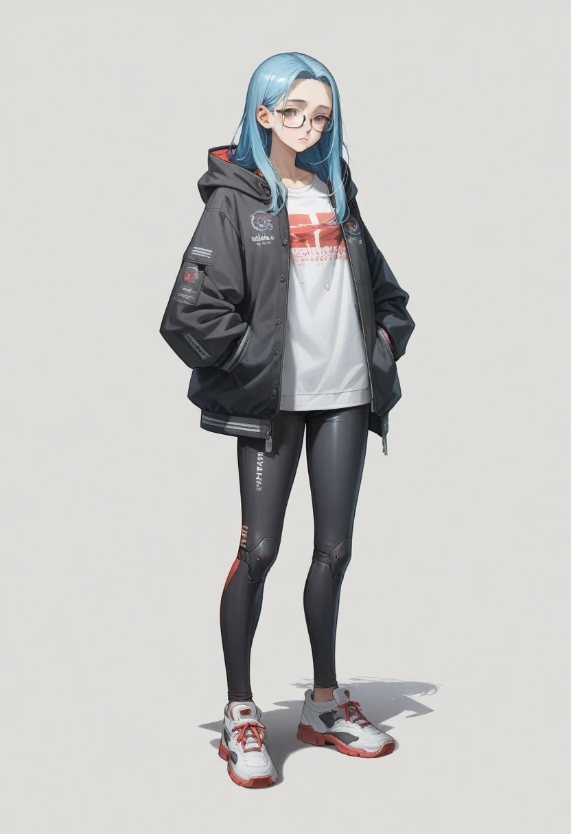 anime girl with blue hair and glasses in a white shirt and black jacket, guweiz, artwork in the style of guweiz, she is wearing streetwear, ross tran style, kantai collection style, street clothes, full body illustration, full body portrait of a short!, anime full body illustration, clothing concept, clear outfit design, cyberpunk anime girl in hoodie