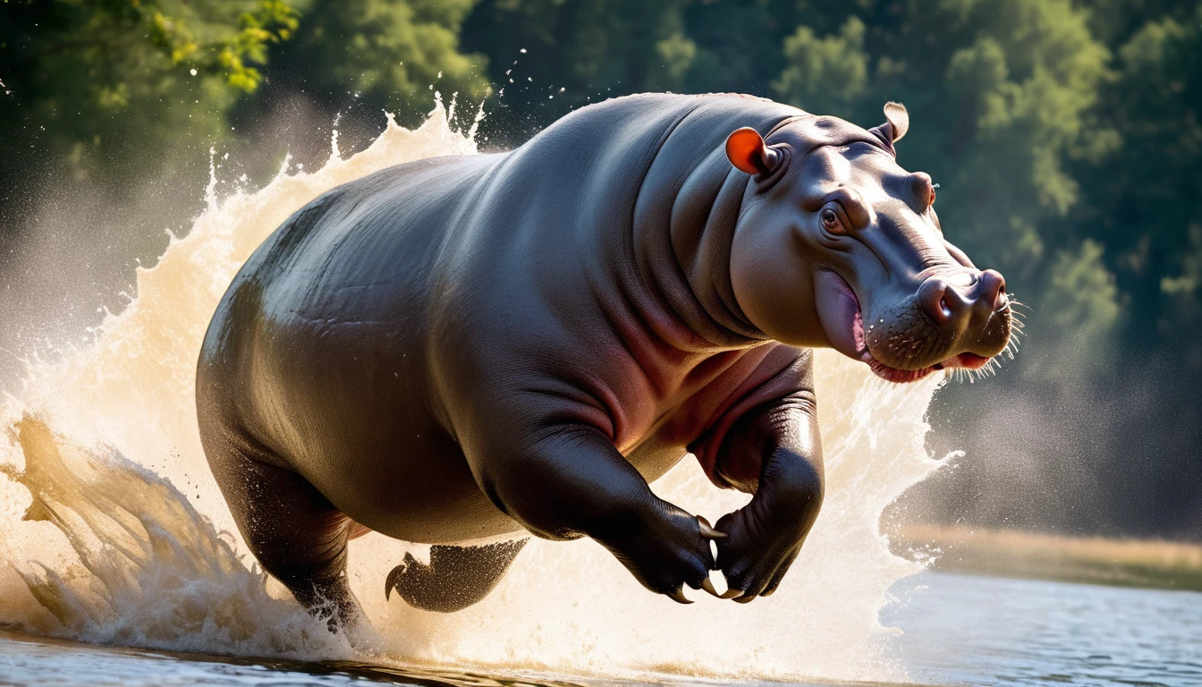 Realistic photos, RAW Photos, hippopotamus, attacks viewer, Powerful movements, jump on prey, ((Dynamic jump)), Sharp Claws, hippopotamus approaching from above, sudden approach, Bad-tempered, dynamic Shot from grand