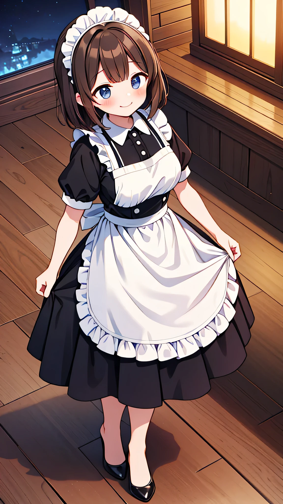 {Highest quality}, {Super beautiful},{Ultra fine},{Best illustration},Brown Hair,Hime cut,semi-long,Bangs,Standing Woman,Maid clothes,Short sleeve,Long black skirt,Night Park,Embarrassed,smilingly,Blushing,Slender women, A woman wearing plain black pumps,Bare feet and pumps,From an angle,From above