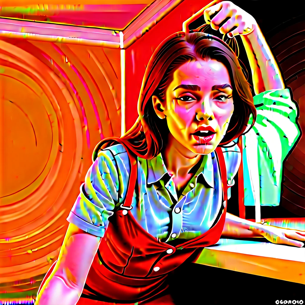 The man in his 55s with black very short hair and smooth face with moustache. The woman in her 55s with brown wavy long hair. In the retro office. Night, dark, dim. The man is wearing unbuttoned light blue shirt. The woman is wearing floral red dress. Doggy sex. The man is pulling the woman's hair. The woman is moaning. Orgasm. Passion. Erotic. Ultra realistic.