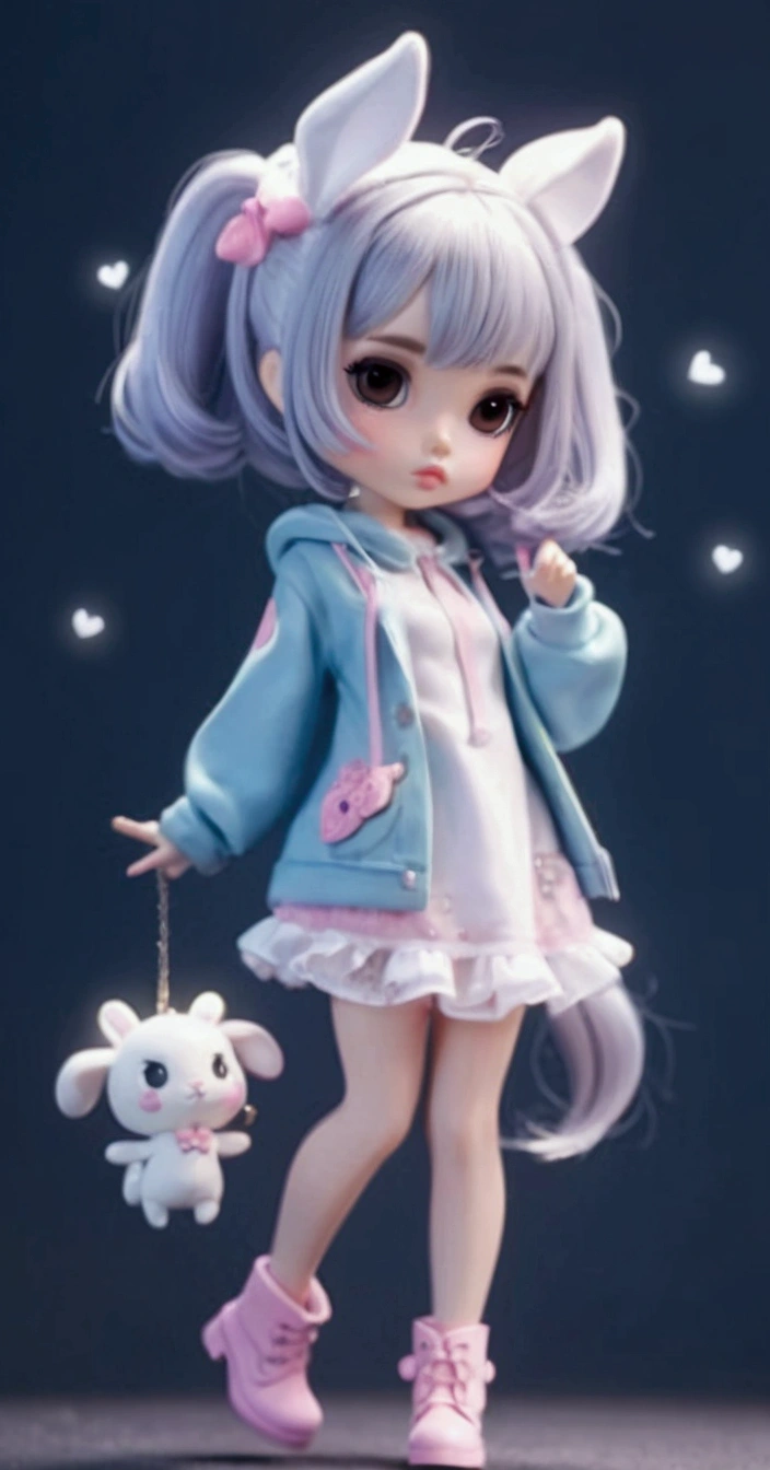 Female cartoons, chibi,  characters, proportions, hourglass figure, full body, small waist, beautiful face, cute face, unique face, eyelashes, penis lips, boots, Blythe doll,  Bunny Girl outfit, Bunny Girl, waist-length hair, bangs, standing straight-faced