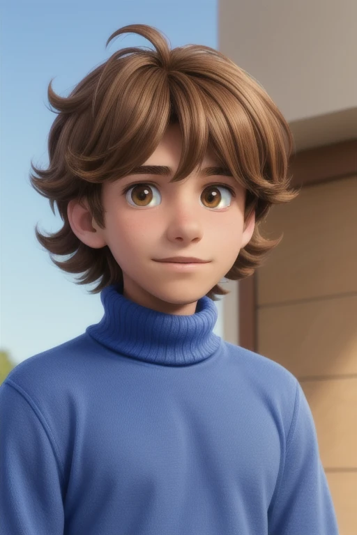 A 14 year old young man, With shaggy brown hair, nice face, Boxy face, And brown eyes, Wear a blue turtleneck.