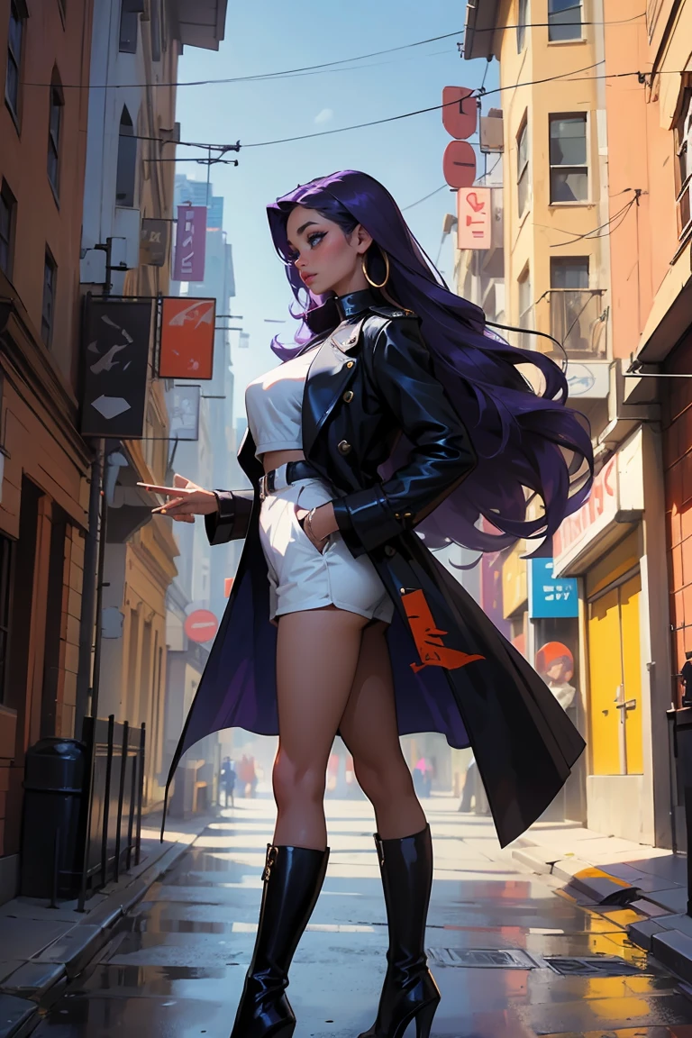 Goddess ((goddess-like woman)), slim elegant silhouette, masterpiece, (close angle), best quality, dark skin, sweet face, (masterpiece:1,2, best quality), (real picture, intricate details), (1 lady , solo, medium tits, slim waistline, ), (blue eyes, Purple hair, blonde strips, very long hair), a woman with long hair, she has an impressive presence., long hair, bracelet, hoop earrings, jewelry, beautiful face, beautiful eyes, She is wearing a pujack3t, boots, high heels, coat, high heel boots, trench coat, latex, upperbody view, sweet irresistible smile, elegant pose, elegant hands, beautiful hands, perfect fingers,, background: She is standing in a Big city, busy city, dance club, outside, blue sky,