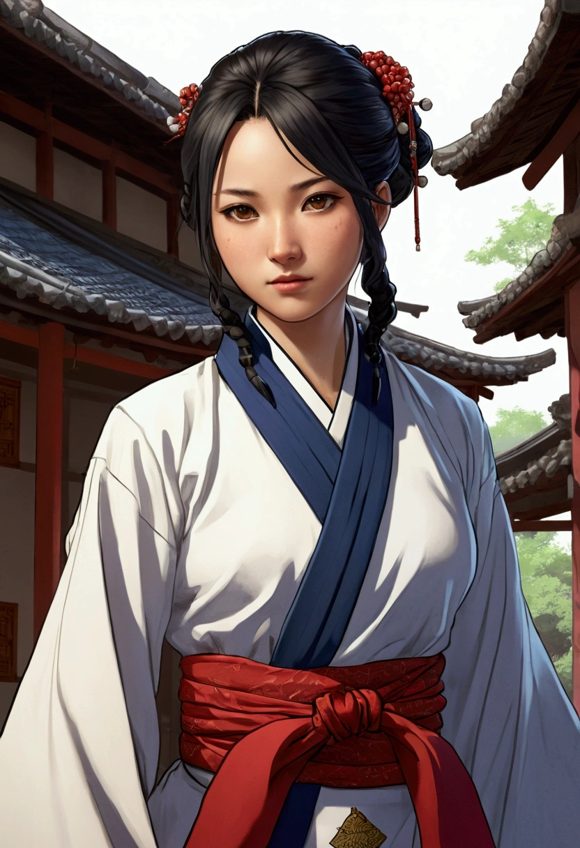 A character in the art style of the anime called "the apothecary diaries" with mao mao. She is a fighter, but wears traditional clothes 