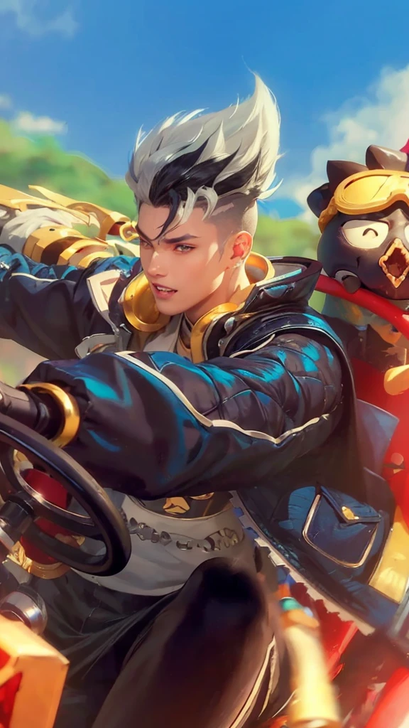Detailed Anime Style, Masterpiece, Studio Quality, 6k, Full Body Shot, 1boy, Demon, Tusks, Teeth, Gray Eyes, Colored Skin, (Blue Colored Skin 0.9), Goth, Heavy Set, Black Hair, Detailed Background, Japenese Modern Town, Complementary Colors, Cinematic Lighting, Detailed Shading, Digital Texture Painting