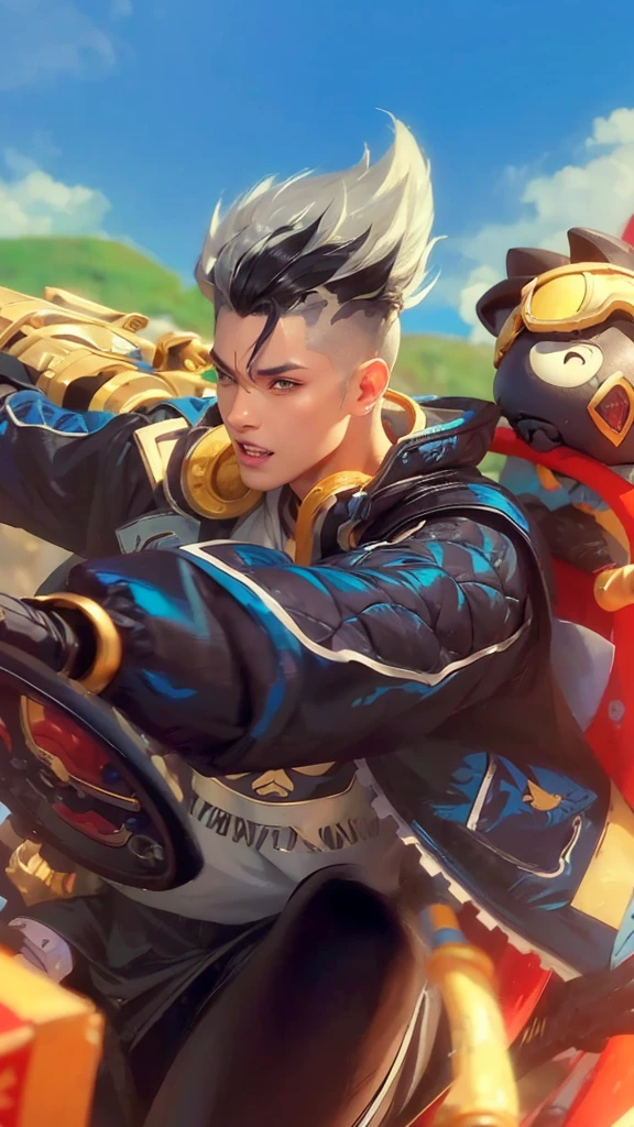 Detailed Anime Style, Masterpiece, Studio Quality, 6k, Full Body Shot, 1boy, Demon, Tusks, Teeth, Gray Eyes, Colored Skin, (Blue Colored Skin 0.9), Goth, Heavy Set, Black Hair, Detailed Background, Japenese Modern Town, Complementary Colors, Cinematic Lighting, Detailed Shading, Digital Texture Painting