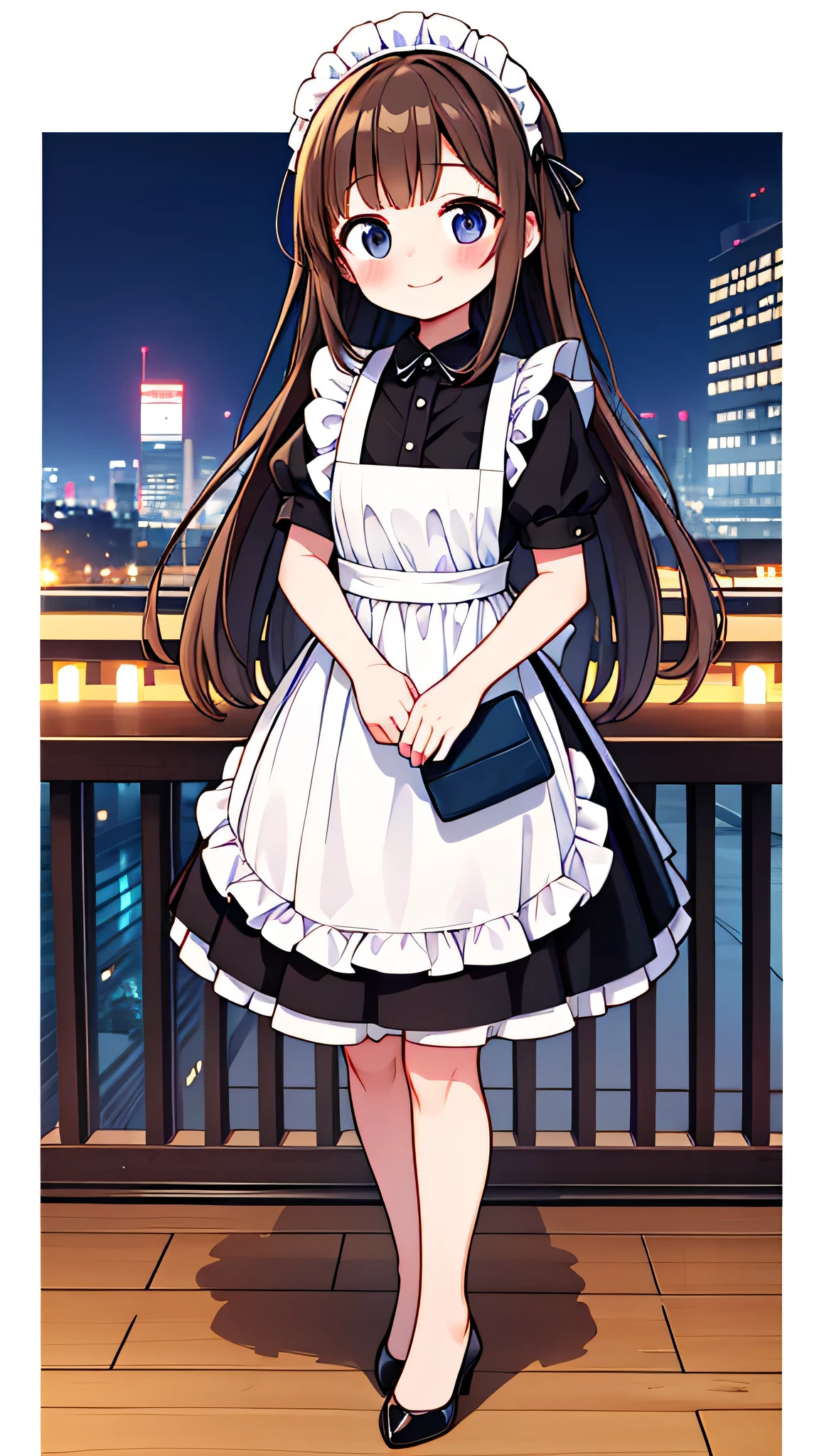 {Highest quality}, {Super beautiful},{Ultra fine},{Best illustration},Brown Hair,Hime cut,semi-long,Bangs,Standing Woman,Maid clothes,Short sleeve,Long black skirt,Night Park,Embarrassed,smilingly,Blushing,Slender women, A woman wearing plain black pumps,Bare feet and pumps,From an angle,From above