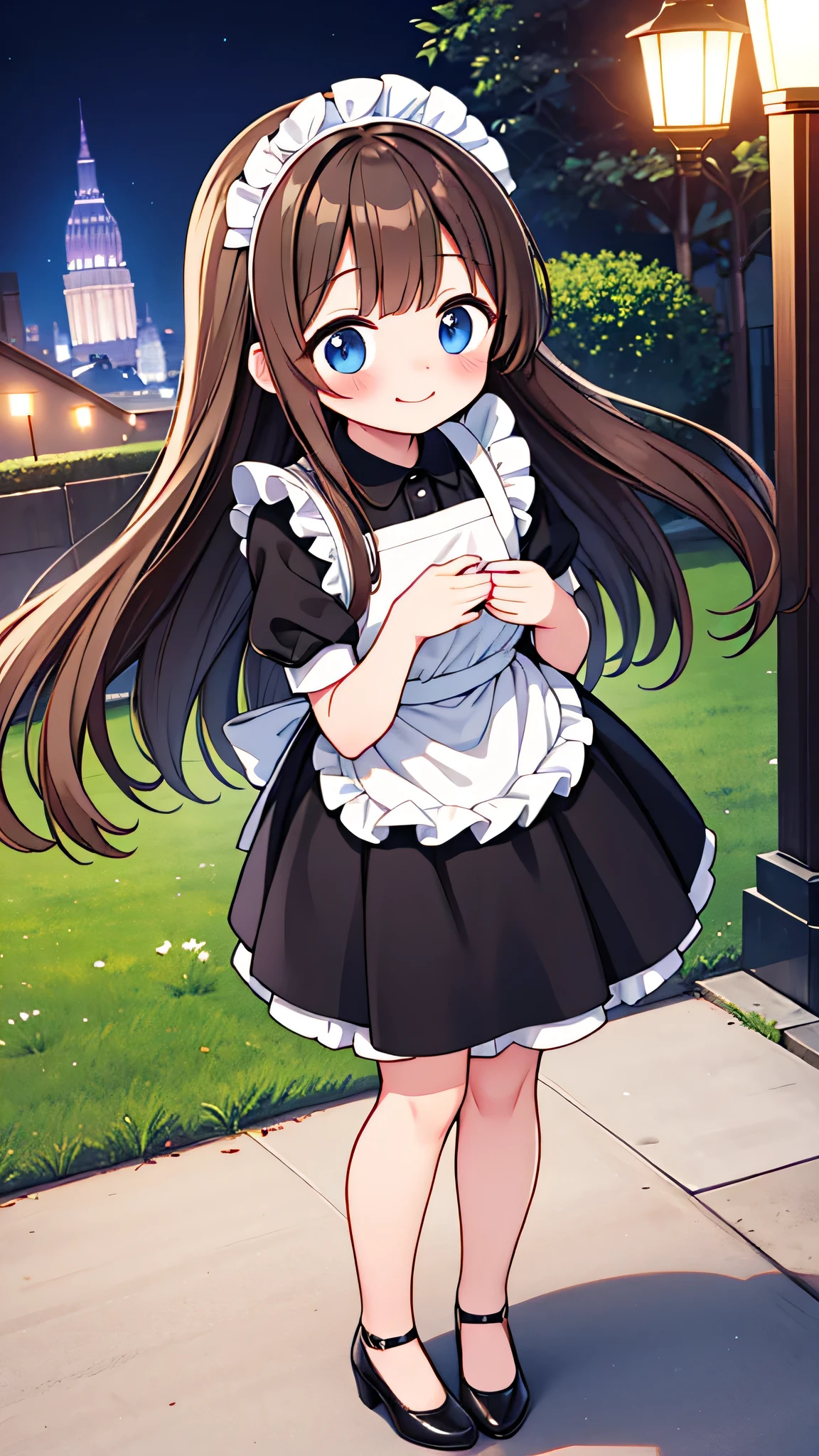 {Highest quality}, {Super beautiful},{Ultra fine},{Best illustration},Brown Hair,Hime cut,semi-long,Bangs,Standing Woman,Maid clothes,Short sleeve,Long black skirt,Night Park,Embarrassed,smilingly,Blushing,Slender women, A woman wearing plain black pumps,Bare feet and pumps,From an angle,From above