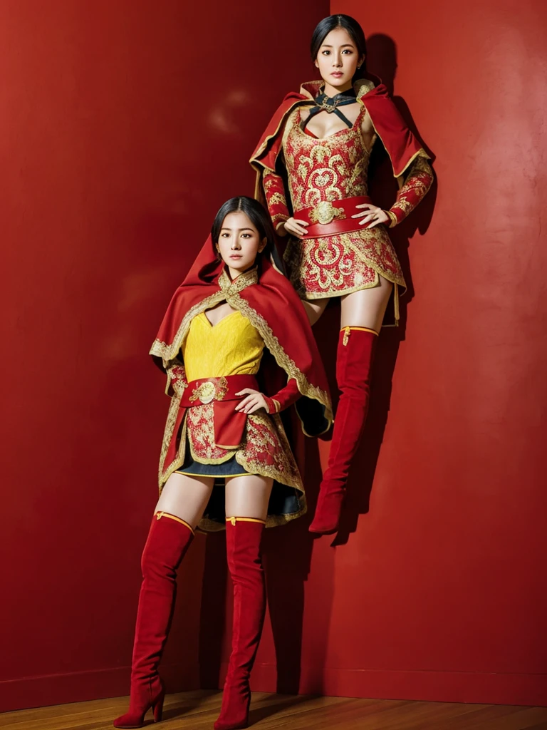 One person is wearing a Chinese red tights with the Chinese national emblem printed on the chest, a Chinese red cloak, red long gloves on both hands, red over-the-knee boots on both feet, and a dragon emblem belt tied around the waist. The full body shot of the super heroine Yangtze and Yellow River Star is shown. body standing posture 100%Portrait photo