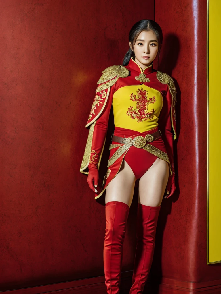 One person is wearing a Chinese red tights with the Chinese national emblem printed on the chest, a Chinese red cloak, red long gloves on both hands, red over-the-knee boots on both feet, and a dragon emblem belt tied around the waist. The full body shot of the super heroine Yangtze and Yellow River Star is shown. body standing posture 100%Portrait photo