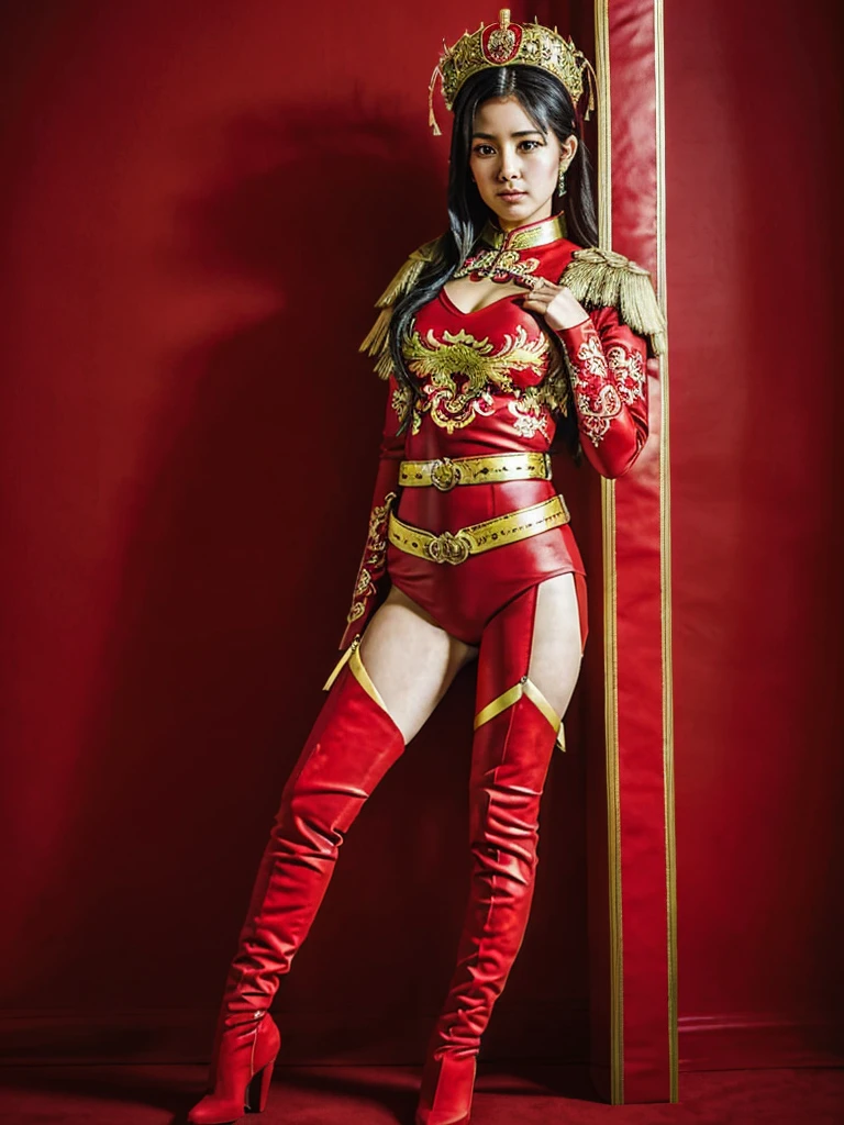 One person is wearing a Chinese red tights with the Chinese national emblem printed on the chest, a Chinese red cloak, red long gloves on both hands, red over-the-knee boots on both feet, and a dragon emblem belt tied around the waist. The full body shot of the super heroine Yangtze and Yellow River Star is shown. body standing posture 100%Portrait photo