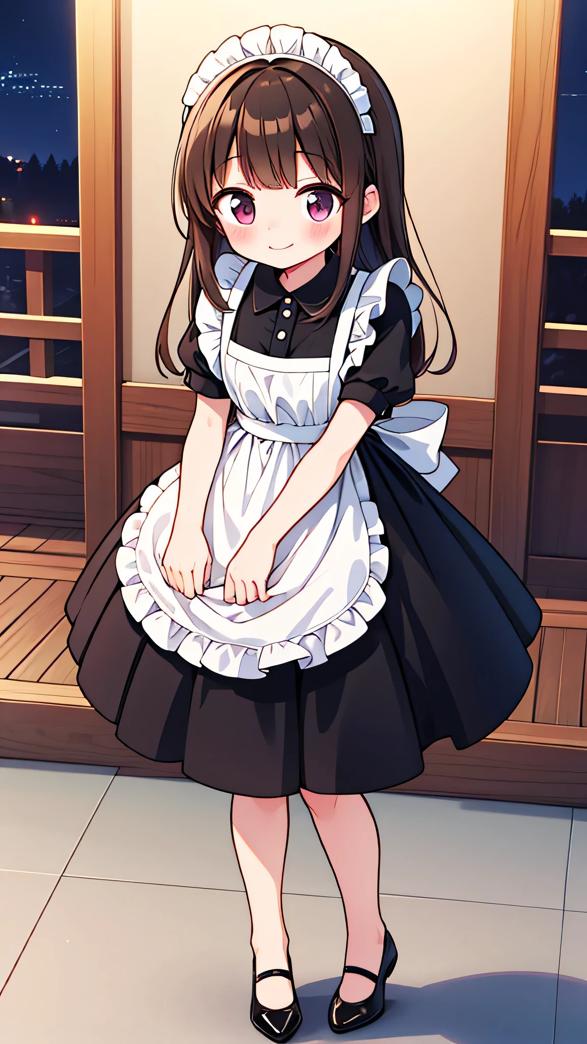 {Highest quality}, {Super beautiful},{Ultra fine},{Best illustration},Brown Hair,Hime cut,semi-long,Bangs,Standing Woman,Maid clothes,Short sleeve,Long black skirt,Night Park,Embarrassed,smilingly,Blushing,Slender women, A woman wearing plain black pumps,Bare feet and pumps,From an angle,From above