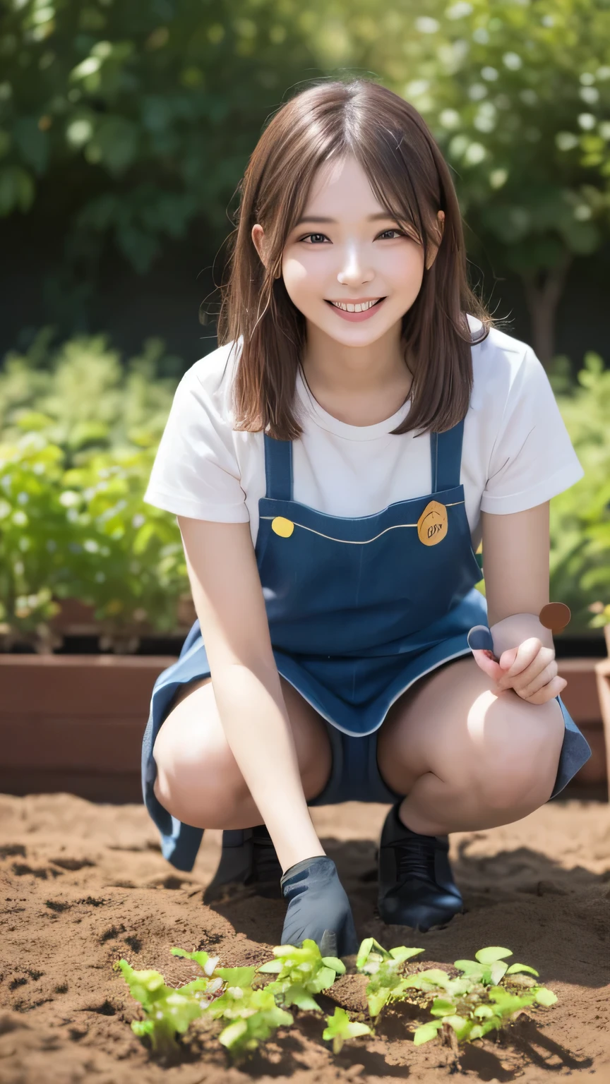 Best picture quality (8k, high resolution, Masterpiece: 1.2), super detailed, 215 Short Hair,Three braids long hair, 26-year-old woman,
situation: Planting new seedlings in the vegetable garden。
detailed:
angle: Close-up of a man squatting on the ground planting seedlings。
clothing: Work apron、Garden Gloves、カジュアルなclothing。
atmosphere: Calm Morning、A garden bathed in soft sunlight。The hopeful expression is impressive.。
Active Pause ,
Beside her、The thunder danced。
Focus on the waist above
, random cute pose ,big eyes ,Puffy eyes , Heart Pupil, blush , huge shy smile , salute