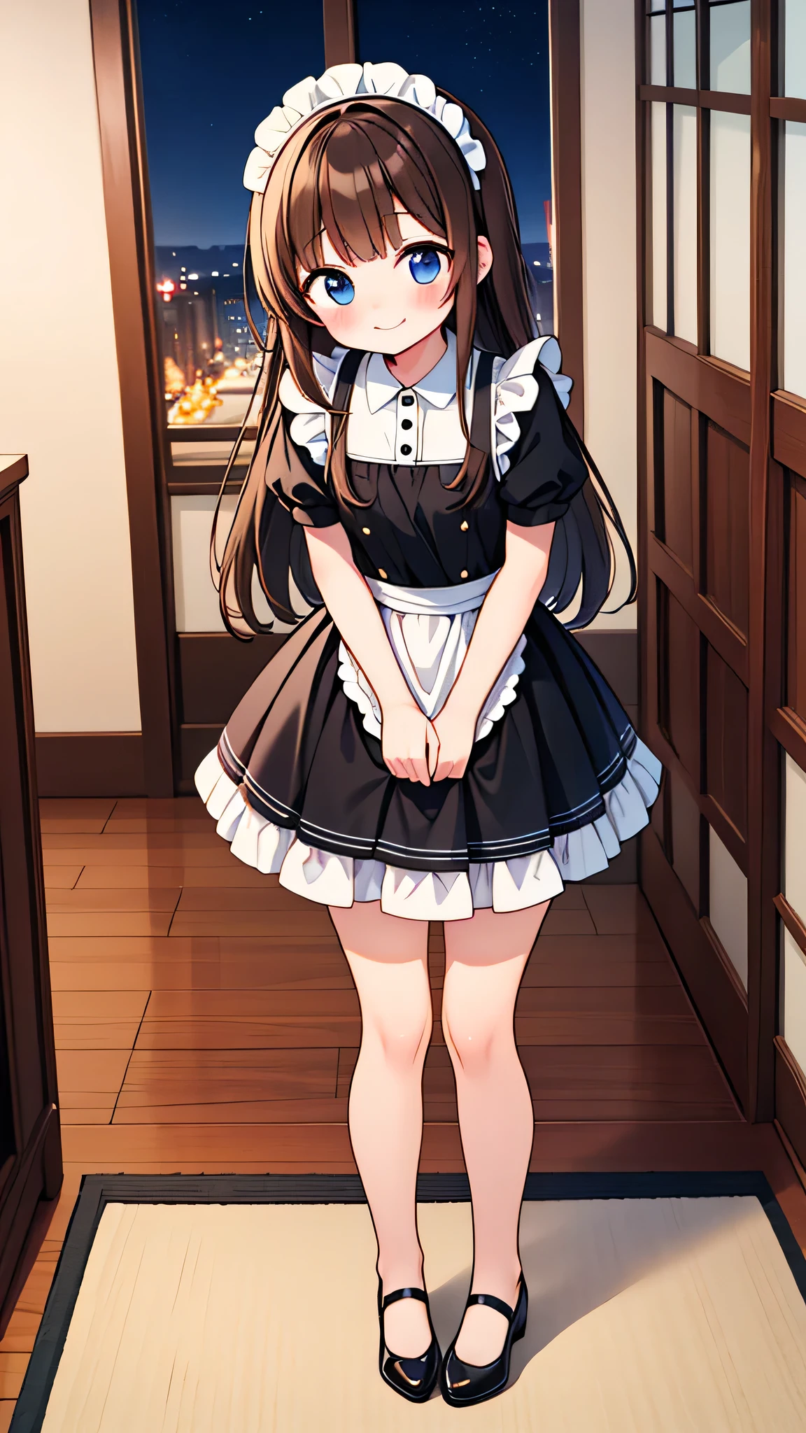 {Highest quality}, {Super beautiful},{Ultra fine},{Best illustration},Brown Hair,Hime cut,semi-long,Bangs,Standing Woman,Maid clothes,Short sleeve,Long black skirt,Night Park,Embarrassed,smilingly,Blushing,Slender women, A woman wearing plain black pumps,Bare feet and pumps,From an angle,From above