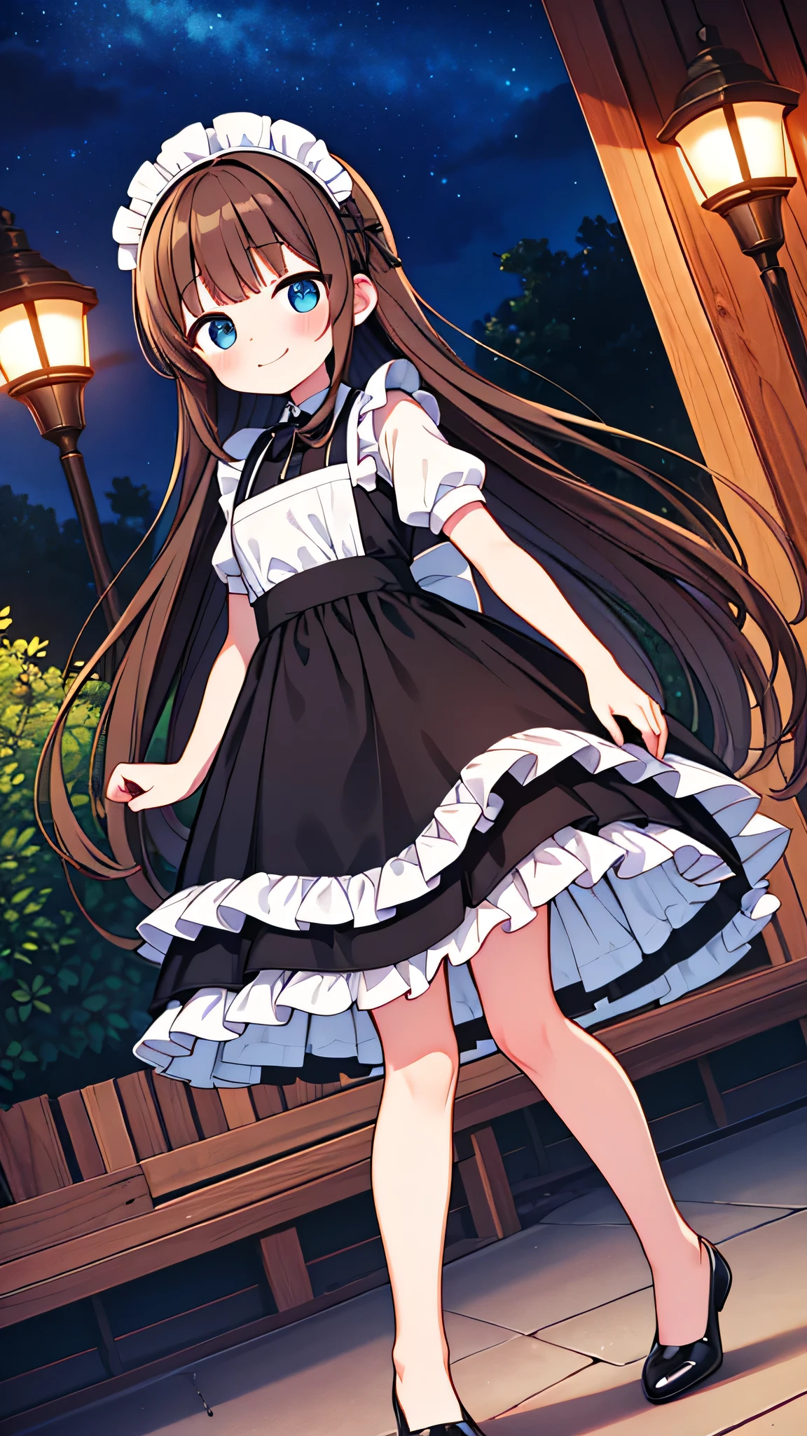 {Highest quality}, {Super beautiful},{Ultra fine},{Best illustration},Brown Hair,Hime cut,semi-long,Bangs,Standing Woman,Maid clothes,Short sleeve,Long black skirt,Night Park,Embarrassed,smilingly,Blushing,Slender women, A woman wearing plain black pumps,Bare feet and pumps,From an angle,From above