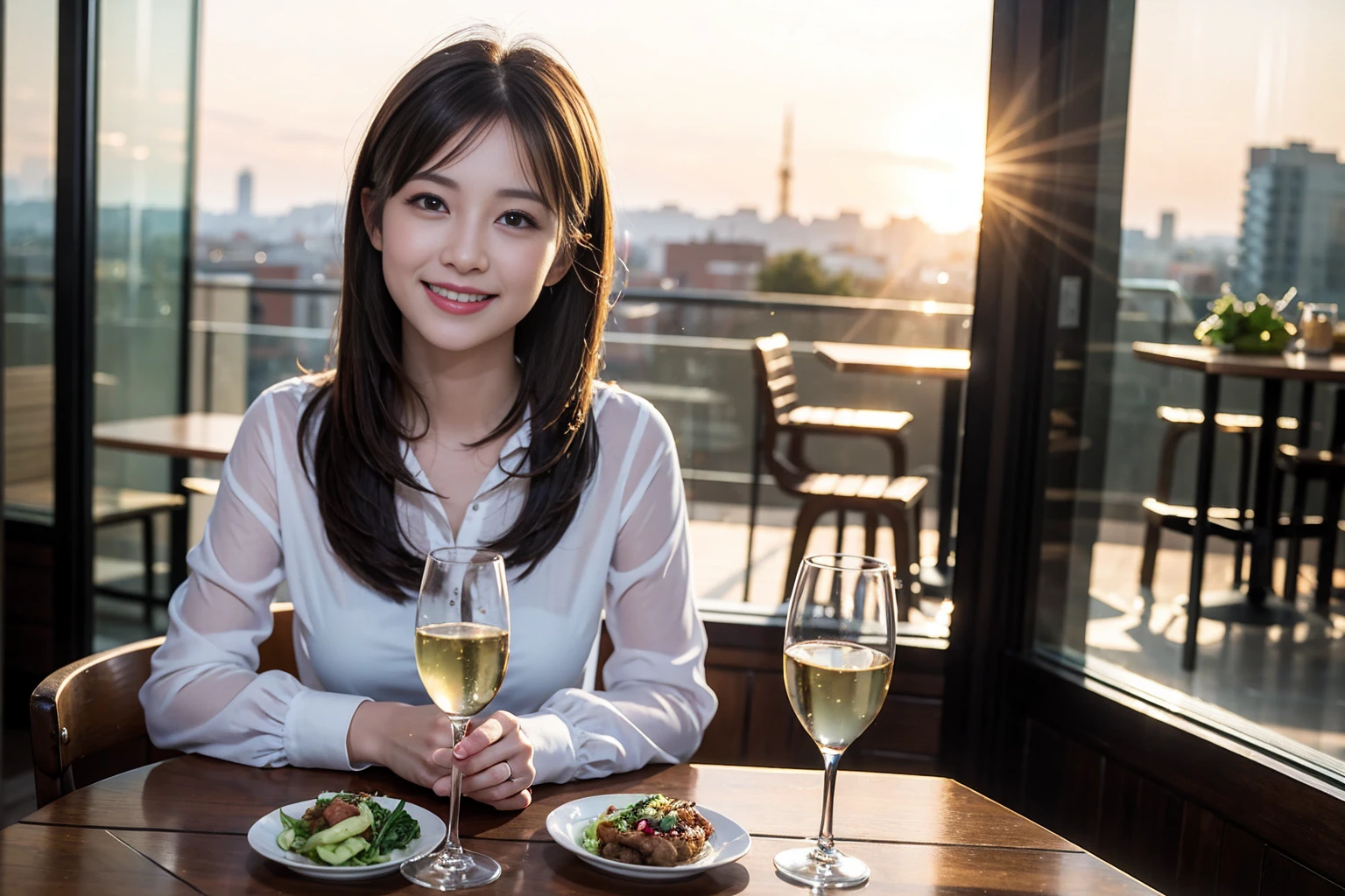 ((Highest quality、8k、masterpiece:1.3))、Shortcuts、cute、slimカップル、modelカップル、actress男優、(Realistic, Intricate details:1.2), full-course dinner、Wine Party、Amazing view of the sunset sky and clouds、A bright smile、short hair,Bright Face、45 years old), 42 years old, red wine 、Appetizers、Italian food、Wine bottle、Champagne、sparkling wine、Two beauties、Brown Hair、Shortcuts、Long sleeve shirt、dress、Beautiful woman 1, (slimな顔), (The body is slim), (Brown Hair), (Shortcuts), cheeks turn a little red,Attractive beauty、restaurant, In a prominent place (From the waist up) Nova Frog Style, actress, model, Upper Body, White wine, slim, wine glass, 中央に置かれたwine glass, smile, (smile: 1.15), Beautiful fine grain, Depth f/2,saturation, High Contrast, Strong light and shadow,Moist Body:1.5、3D texture、Delicate eyes、Brown Hair、The hair is very shiny、