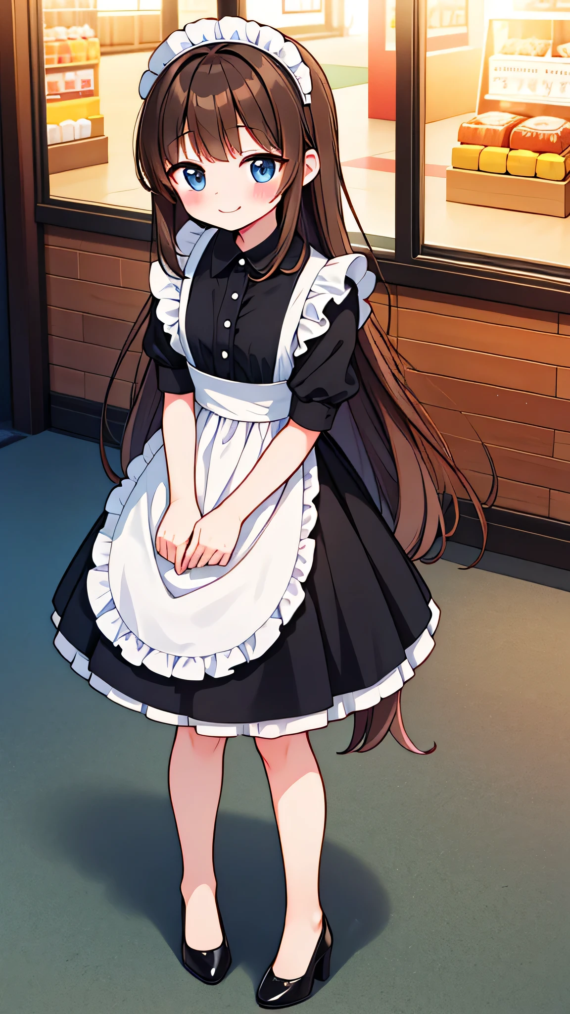 {Highest quality}, {Super beautiful},{Ultra fine},{Best illustration},Brown Hair,Hime cut,semi-long,Bangs,Standing Woman,Maid clothes,Short sleeve,Long black skirt,Night Park,Embarrassed,smilingly,Blushing,Slender women, A woman wearing plain black pumps,Bare feet and pumps,From an angle,From above