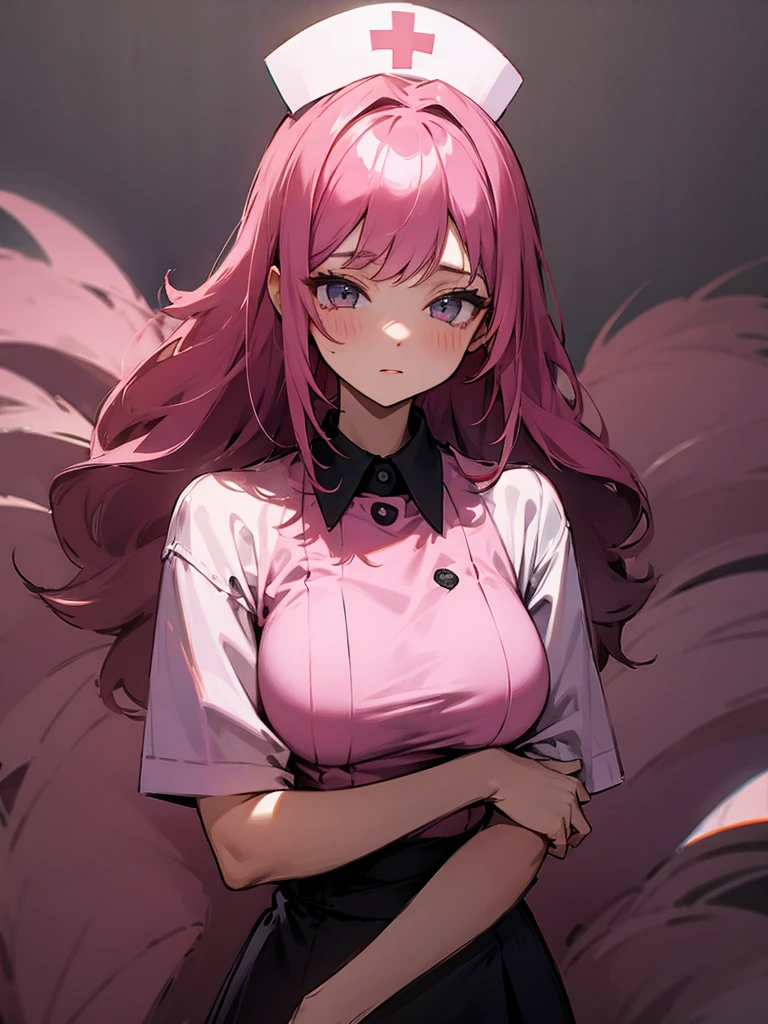 Nurse sister, black shirt, pink hair, calm face, bangs, cute milf.