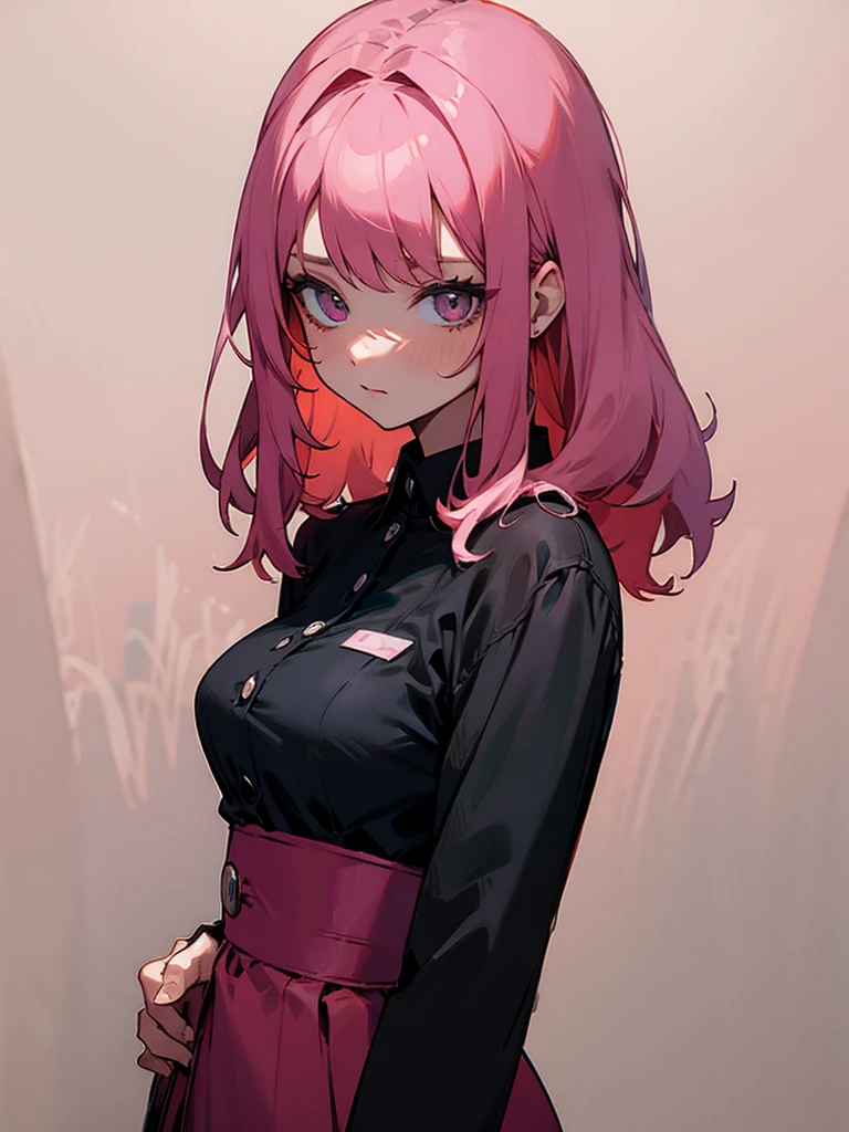 Nurse sister, black shirt, pink hair, calm face, bangs, cute milf.