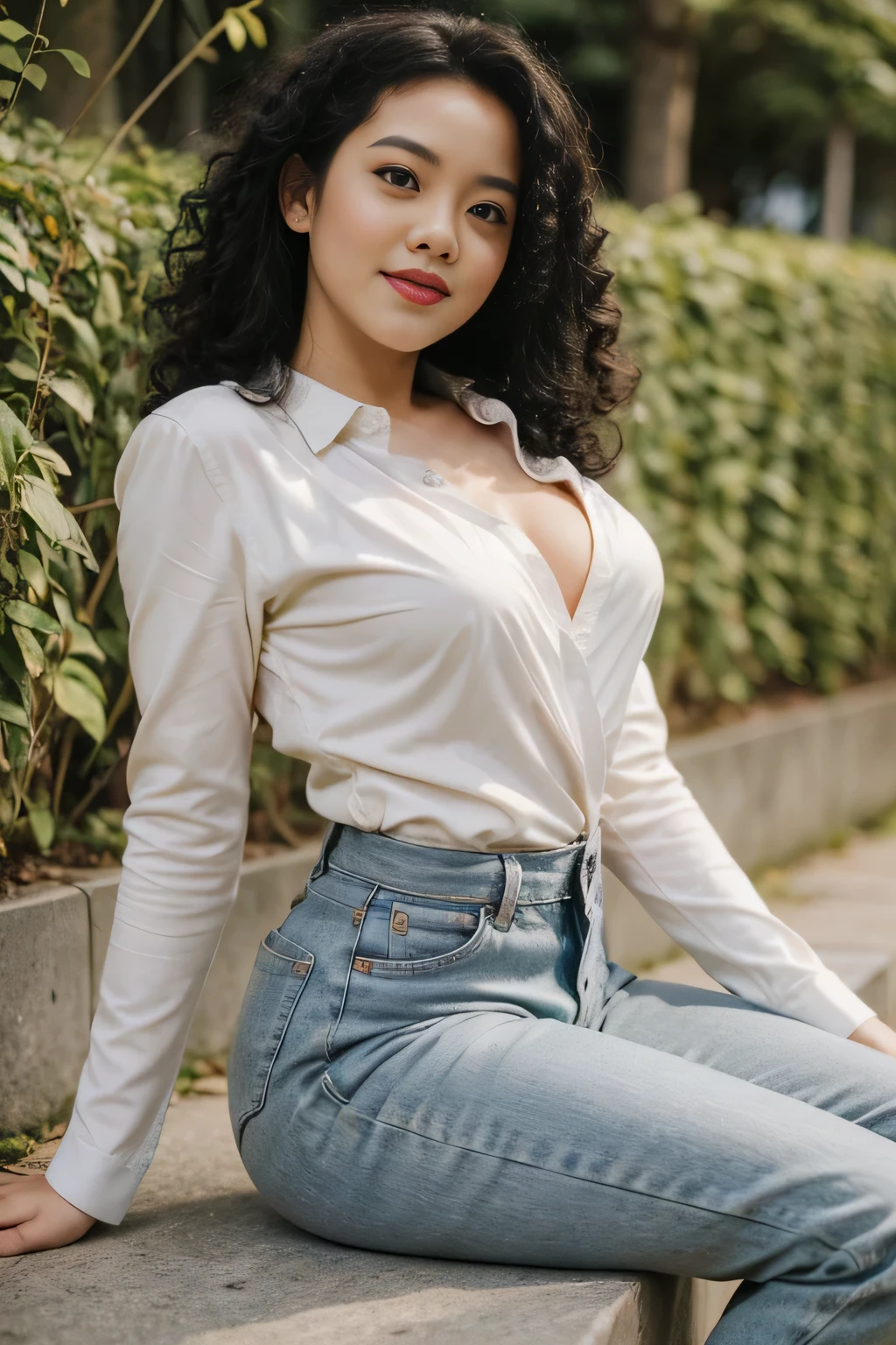 Malay girl wearing undersize lilac satin bra (polkadot pattern), tight jeans, open shirt, portrait photography, mid shot photo, ultra detail, professional photograph with professional lighting, smile, at the garden, outdoor background, curly hair, sexy seducing pose, curvy body, butt closed up angle