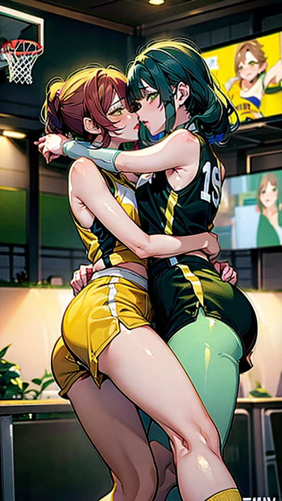 green,yellow,Shorts,kiss,Embrace each other,Sexy pose,Sports uniforms,lily,woman,Basketball Player,Group shot:1.5,Sweat:1.5,bent at the waist,Protruding buttocks.