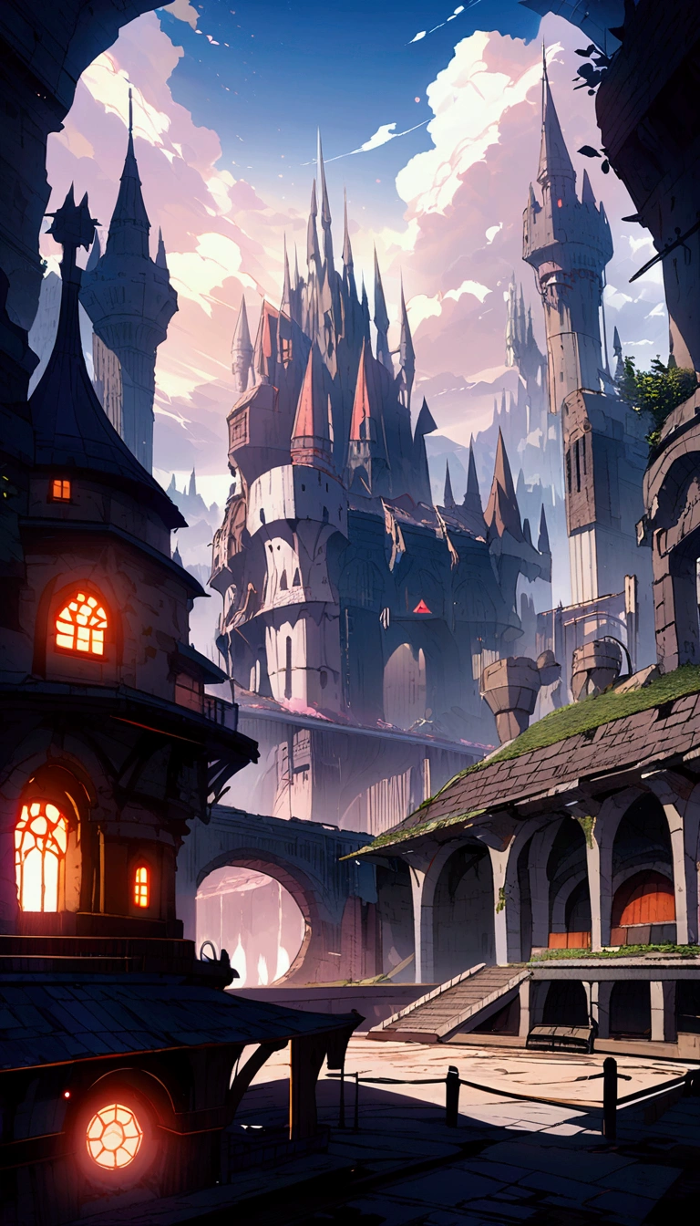 landscape　A mechanized castle in the center of the screen　Half-destroyed buildings line the surrounding area.　A fusion of medieval and futuristic science　Dark fantasy　Concept Art　