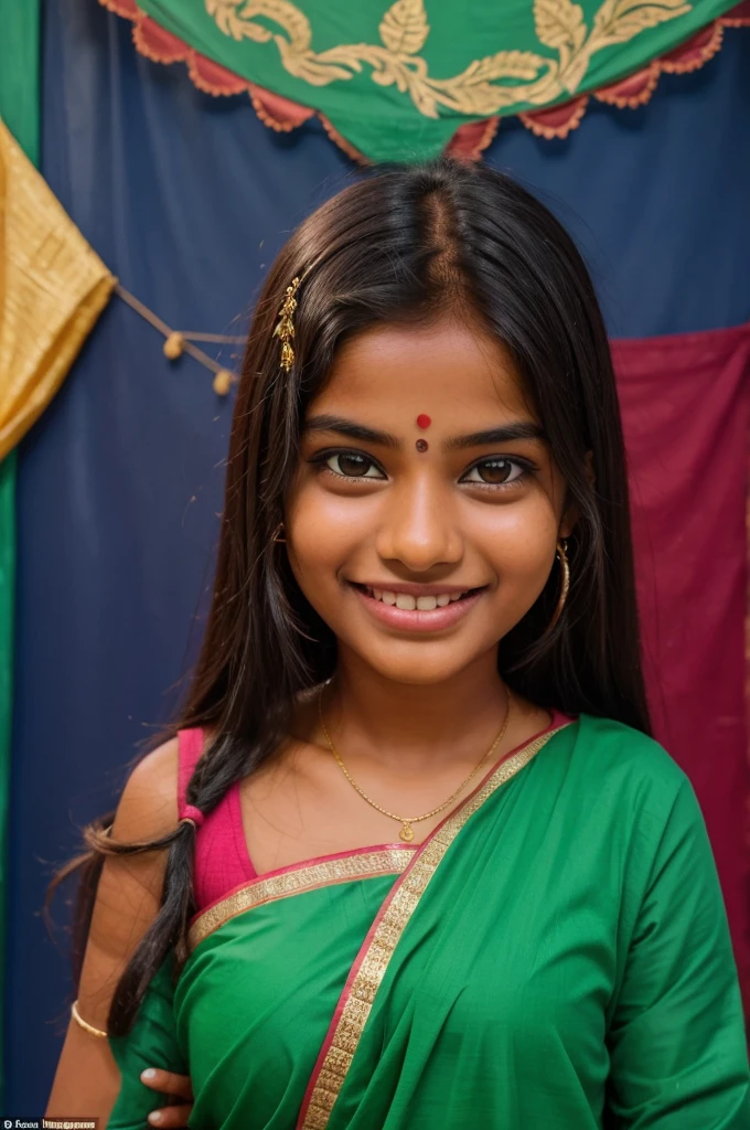A Indian girl smilimg at the camera in the centre of the photo and with the green screen background