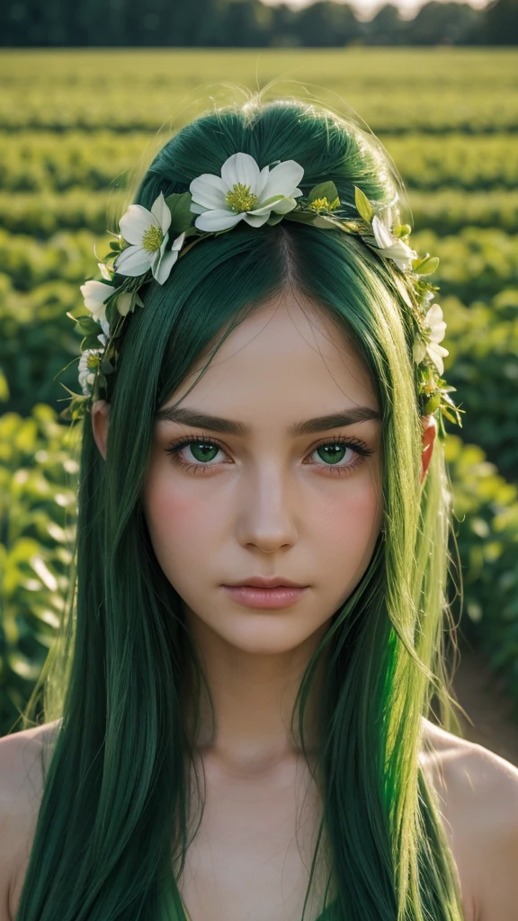 a girl. the face sends feeling. Europe. Oval face. long face. delicate facial features. embarrassed eyes. seductively seductive. long straight hair. green hair. wreath on head. very sad expression. green silk halter dress. straight face. in the flower field