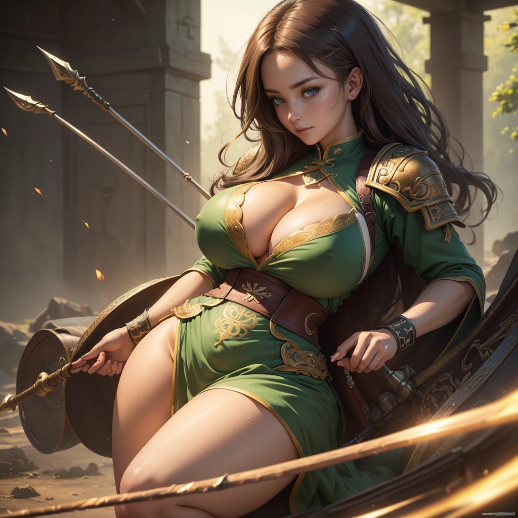 Highly detailed CG unit 8k wallpaper, masterpiece, High resolution, highest quality, highest quality real texture skin, Super Real, Digital Painting, Best image quality, 最High resolution, 8k, ((Highly detailed eyes and face)), 1girl, Beautiful eyes every detail, Full Body Shot, profile, chinese style embroidery, dress, Shogun, Military commander, general, armor, ((disproportionate , huge breastsng breasts, Cleavgantic braggy breasts, Gravindent breasts, est, Heavy chest, erect niplewd, Prostitute, smile, (tanned slight hair, ), l greenen, ((spear on hand)),